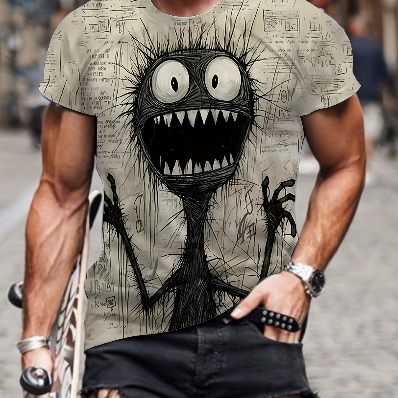 

Screaming Monster Pattern Crew Neck And Short Sleeve T-shirt, Chic And Stylish Tops For Men's Summer Outdoors Wear