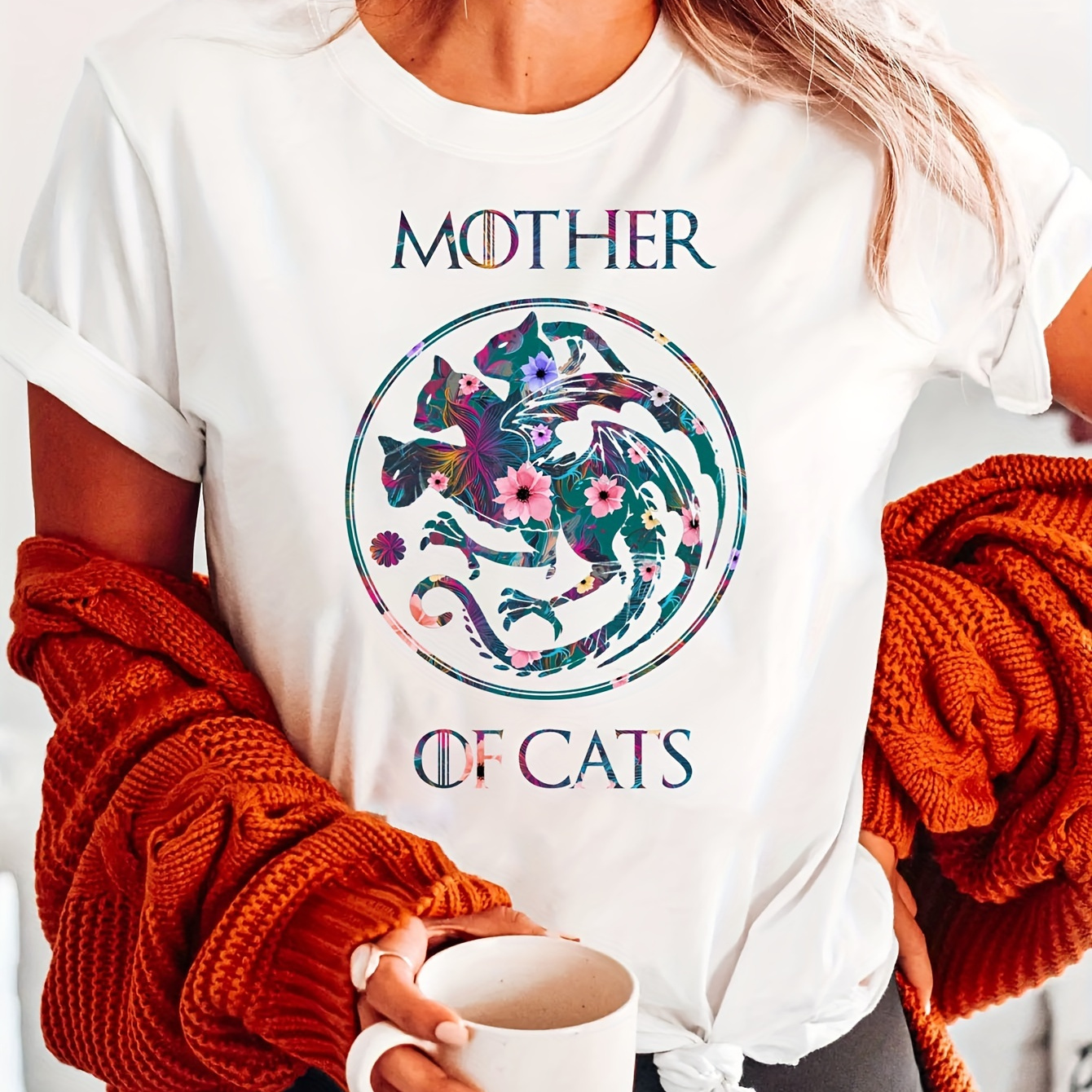 

Mother Of Cats Print Crew Neck T-shirt, Short Sleeve Casual Top For Summer & Spring, Women's Clothing