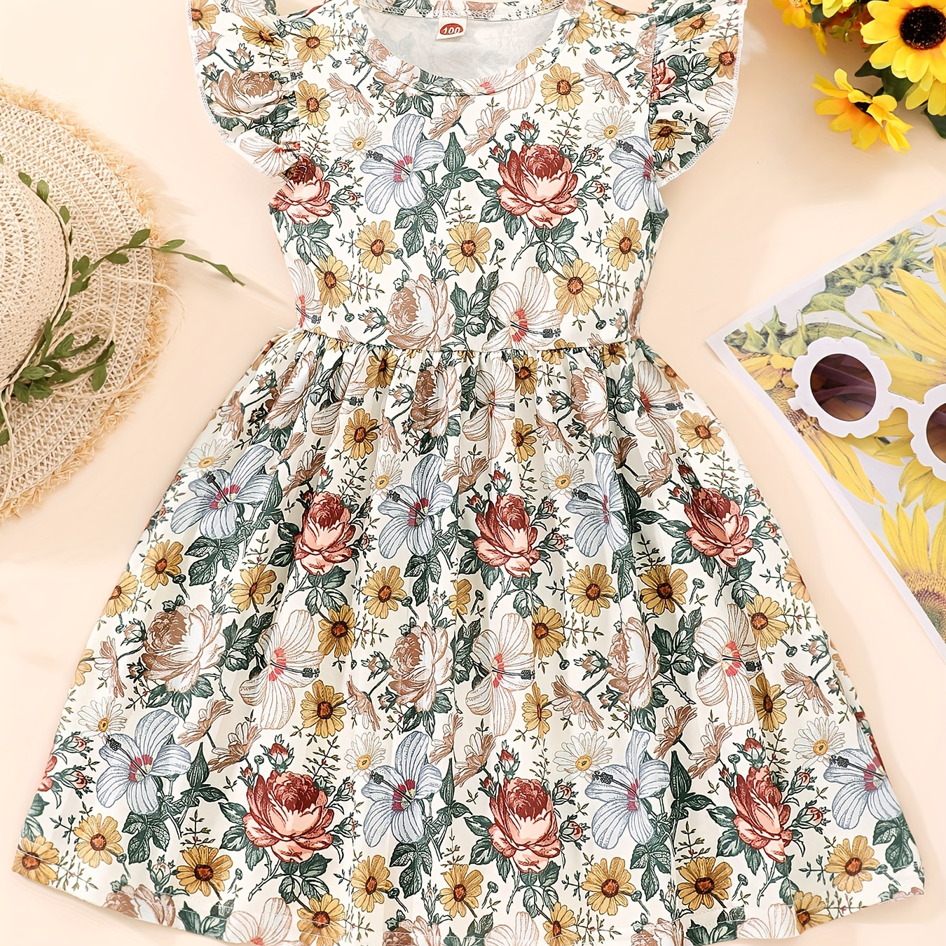 

Elegant Girls Flora Print Flutter Trim Sleeveless Dress For Summer Party Gift