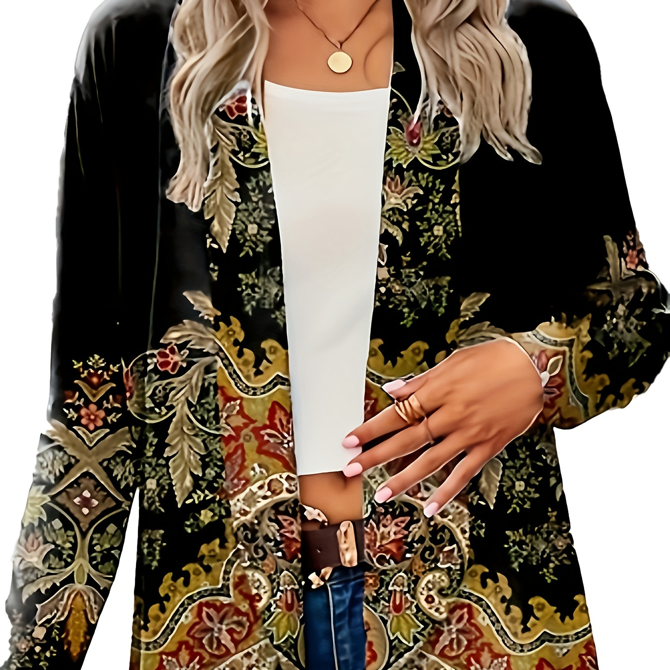 Plus Size Boho Cardigan, Women's Plus Arabesque Print Long Sleeve Open Front Asymmetric Hem Slight Stretch Cardigan