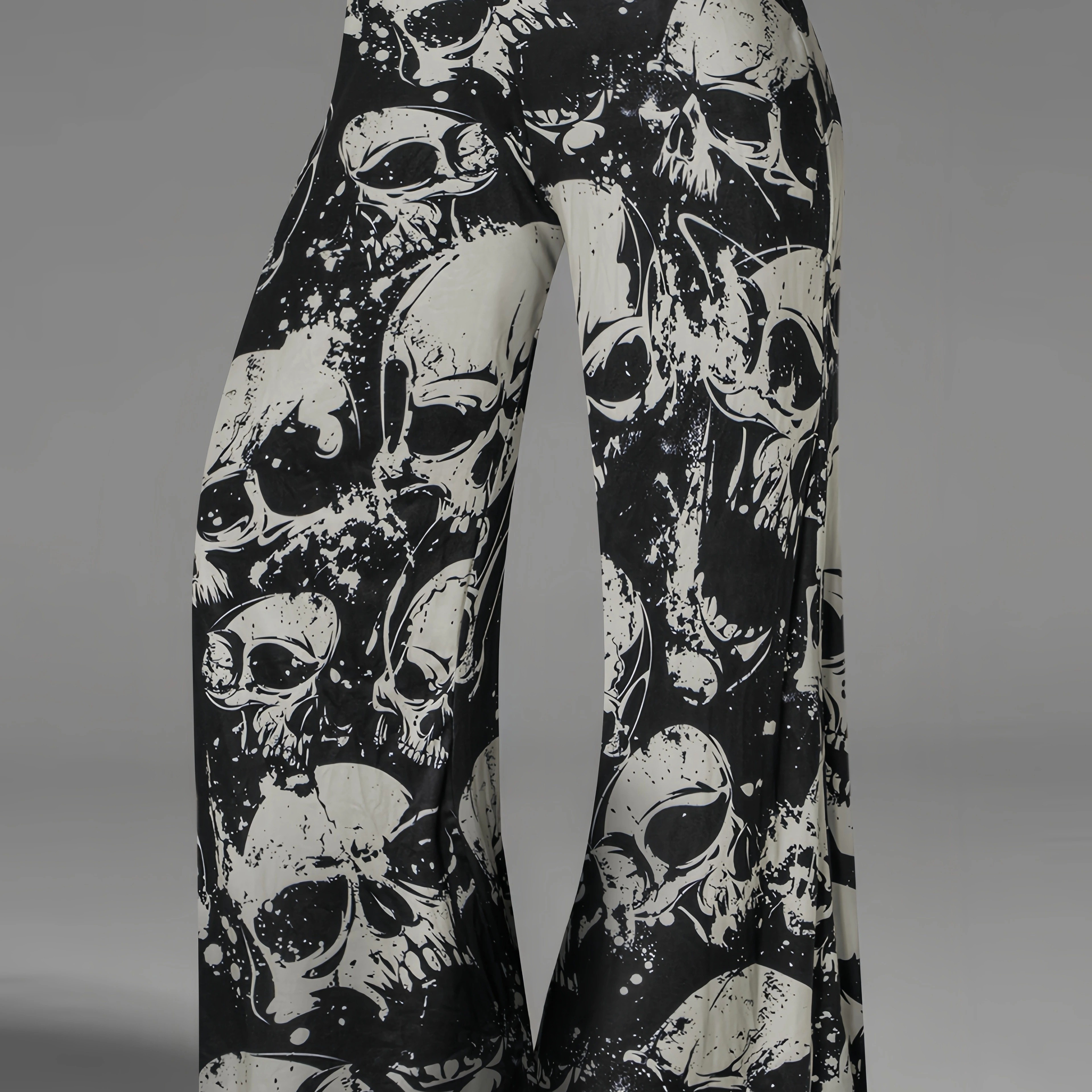 

Plus Size Skull Print Wide Leg Pants, Casual Low Rise Loose Pants For Spring & Summer, Women's Plus Size Clothing