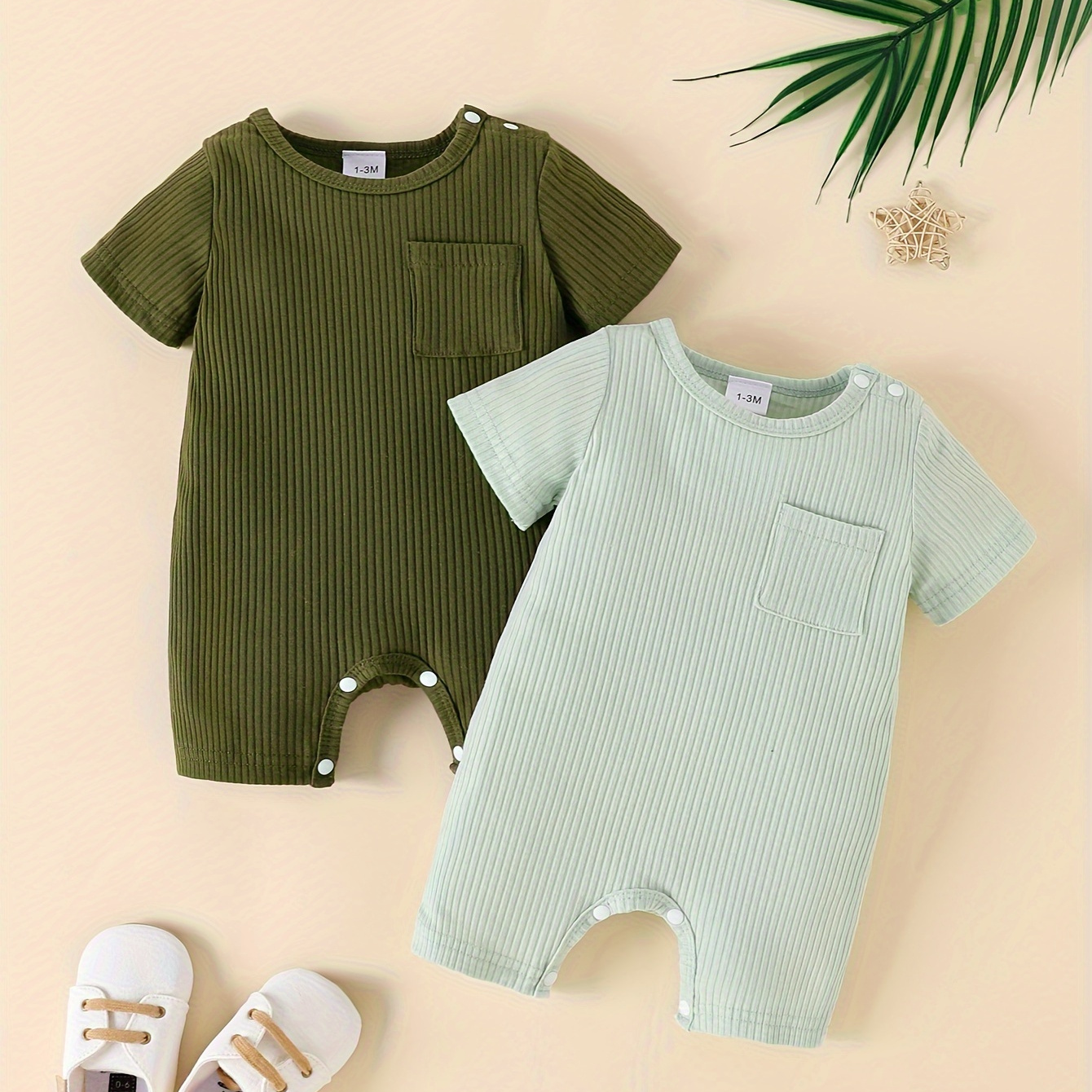 

2pcs Infant's Solid Color Ribbed Bodysuit, Comfy Cotton Short Sleeve Onesie, Baby Boy's Clothing