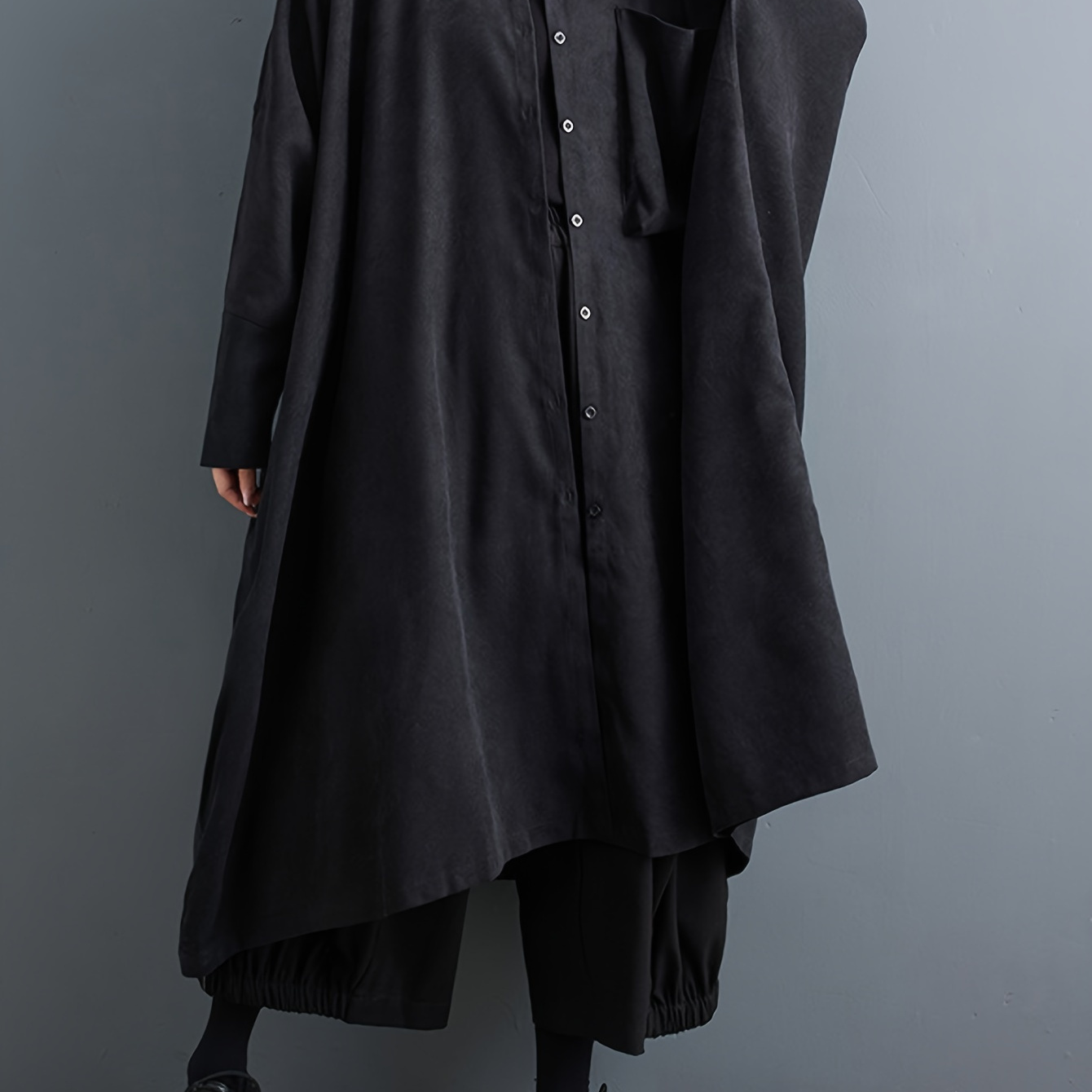 

Button Front Loose Shirt Dress, Casual Long Batwing Sleeve Patch Pocket Oversized Dress For Spring & Fall, Women's Clothing