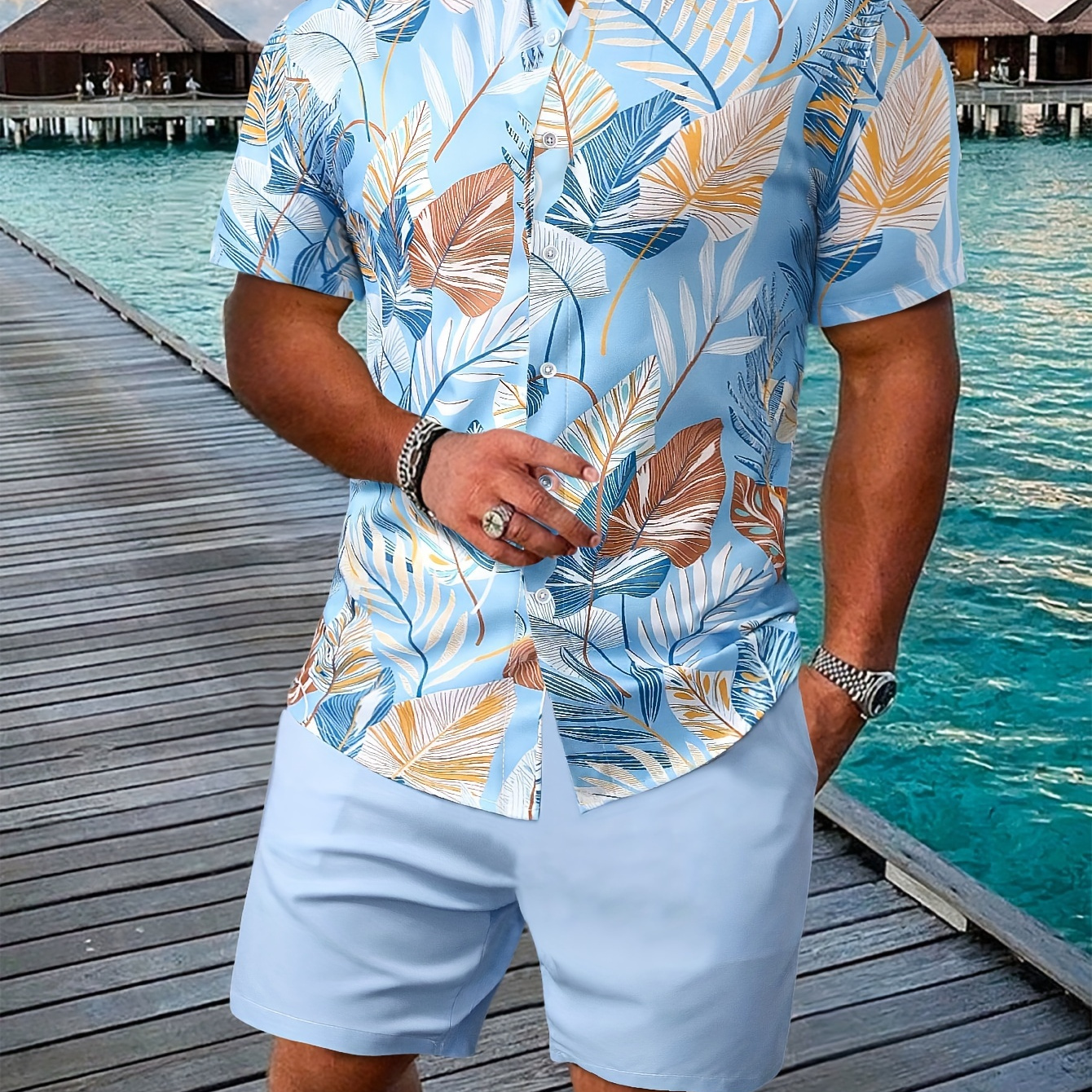 

Men's Outfit, Casual Leaves Graphic Print Lapel Short Sleeve Button Up Shirt & Shorts 2-piece Set For Summer Outdoor Activities