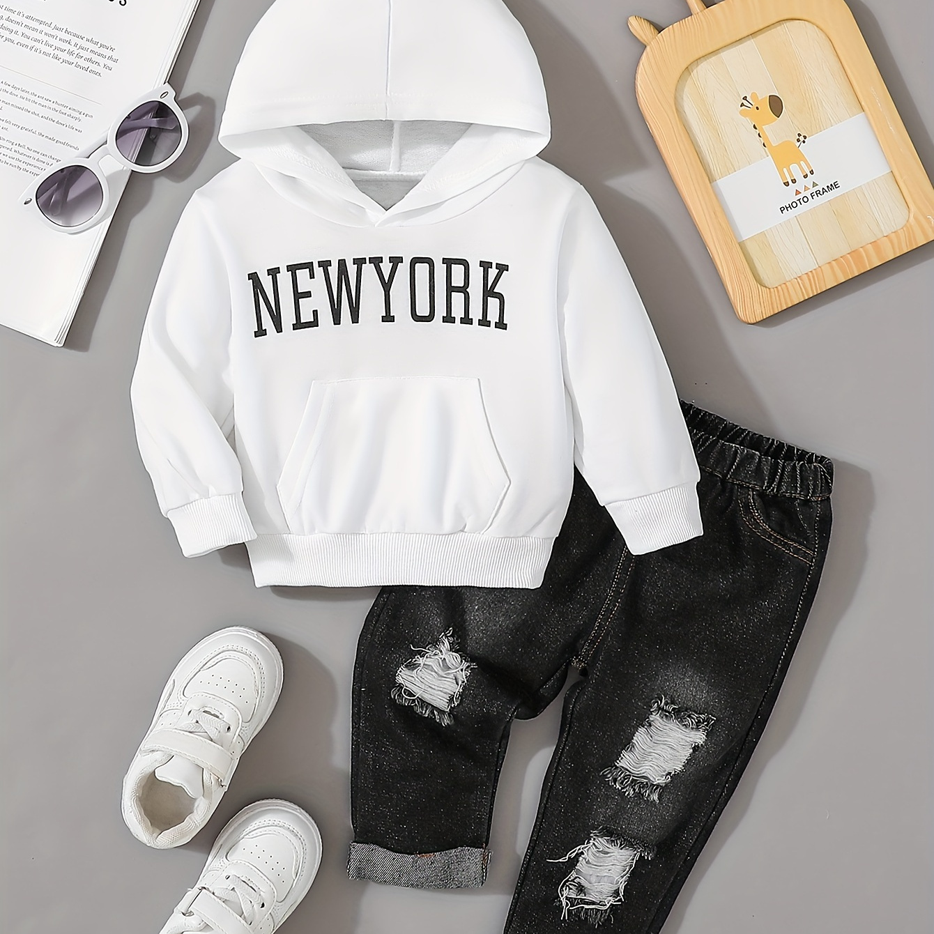 

2pcs "new York" Print Casual Outfit For Infant & Toddler, Hoodie & Ripped Jeans, Baby Boy's Clothes