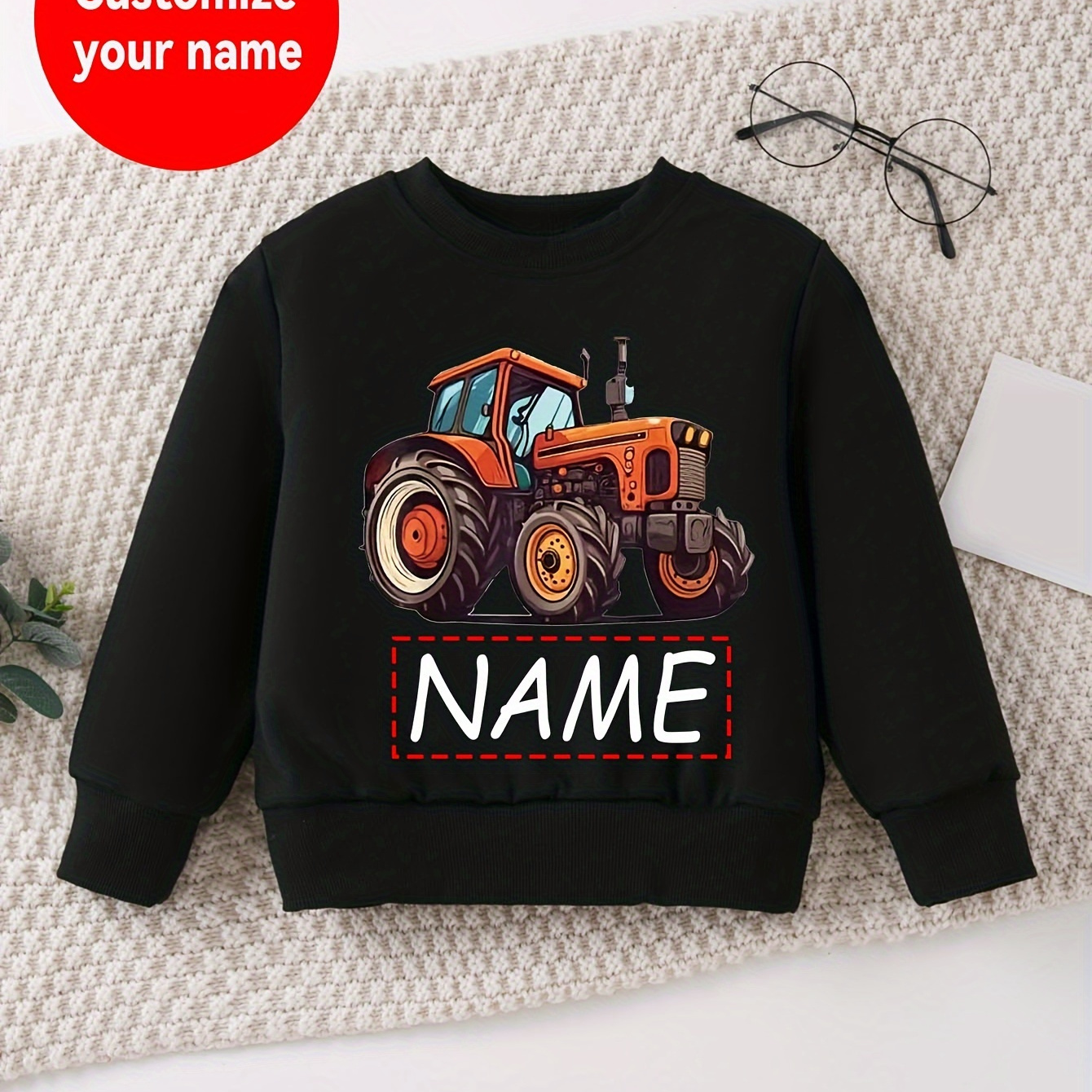 

Custom Name & Tractor Print Boys' Sweatshirt - Soft, Comfortable Crew Neck Pullover For Spring/fall - Machine Washable