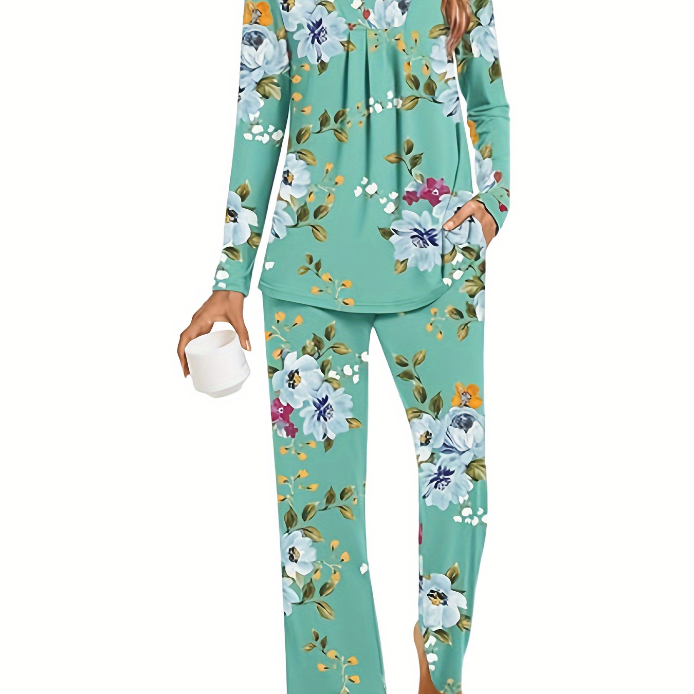 

Autumn ] Qyr Cozy Floral Print Women's Pajama Set - Long Sleeve V-neck Top & Waist Pants, Soft Polyester & Spandex , Machine Washable, Fall/winter