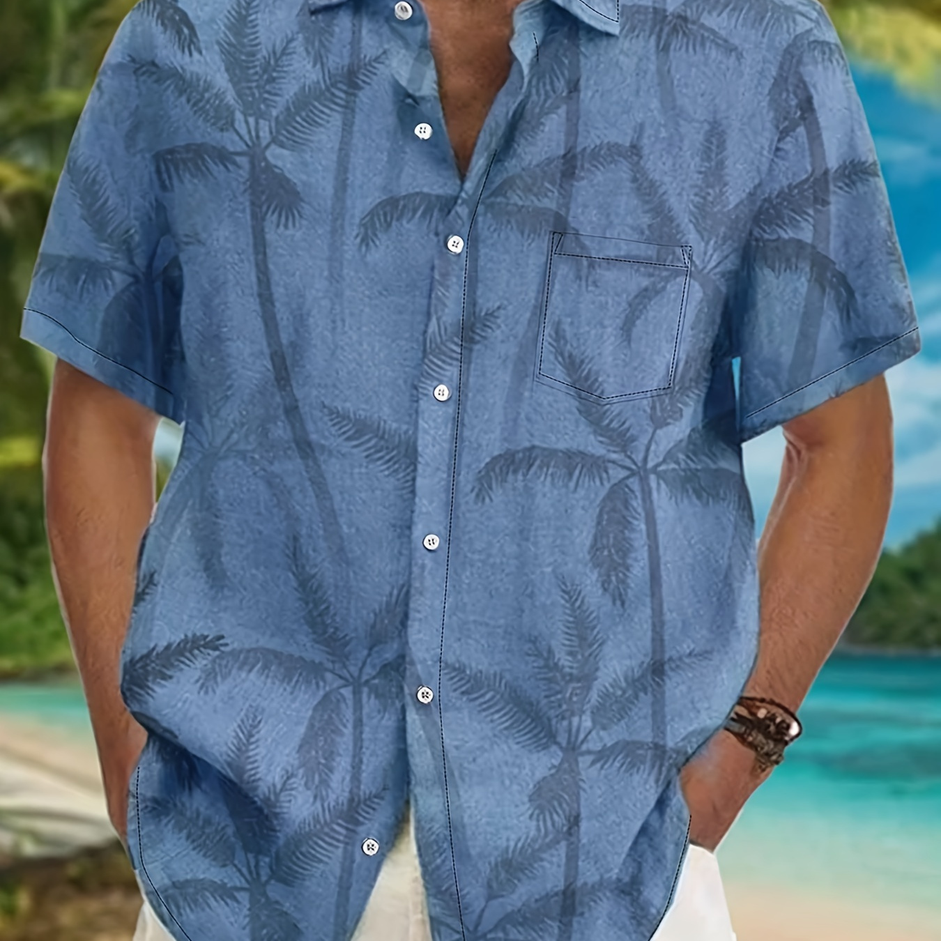 

Plus Size Men's Coconut Trees Graphic Print Shirt, Stylistic Lapel Shirt For Beach Vacation, Hawaiian Shirt For Males