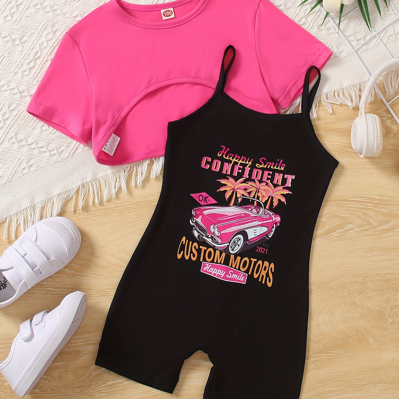 

Girl's 2 Pcs Vacation Car Graphic Cami Romper + Cover-up Crop Tee Set, Holiday Casual Going Out Summer Clothes, Gift