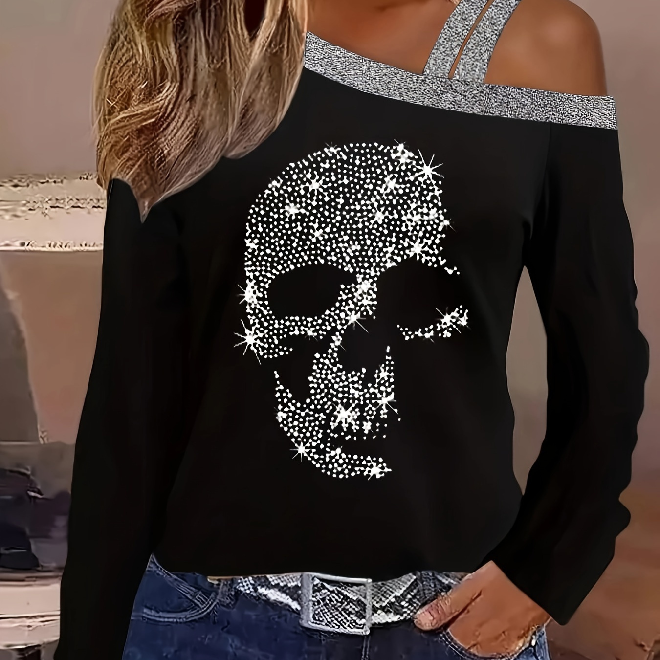 

Skull Pattern Cold Shoulder T-shirt, Casual Long Sleeve Top For Spring & Fall, Women's Clothing