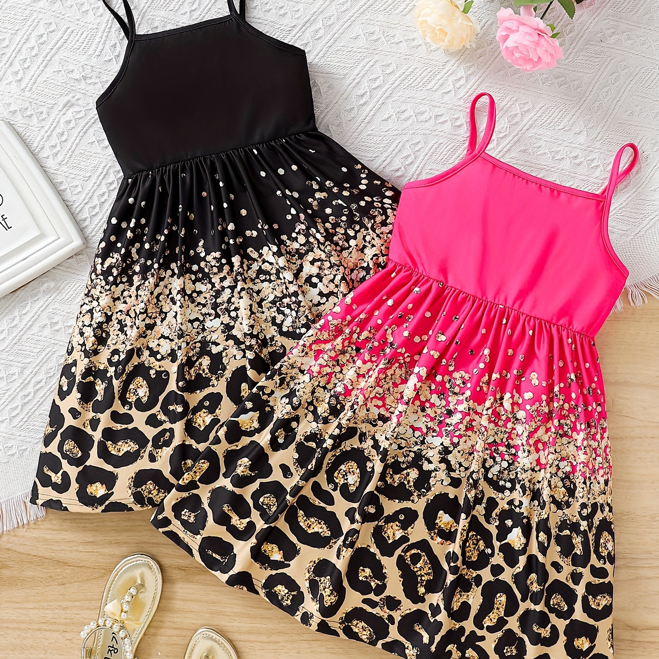 

2pcs Stylish Splicing Leopard Print Cami Dress Set, Casual Dresses For Girls Summer Gift