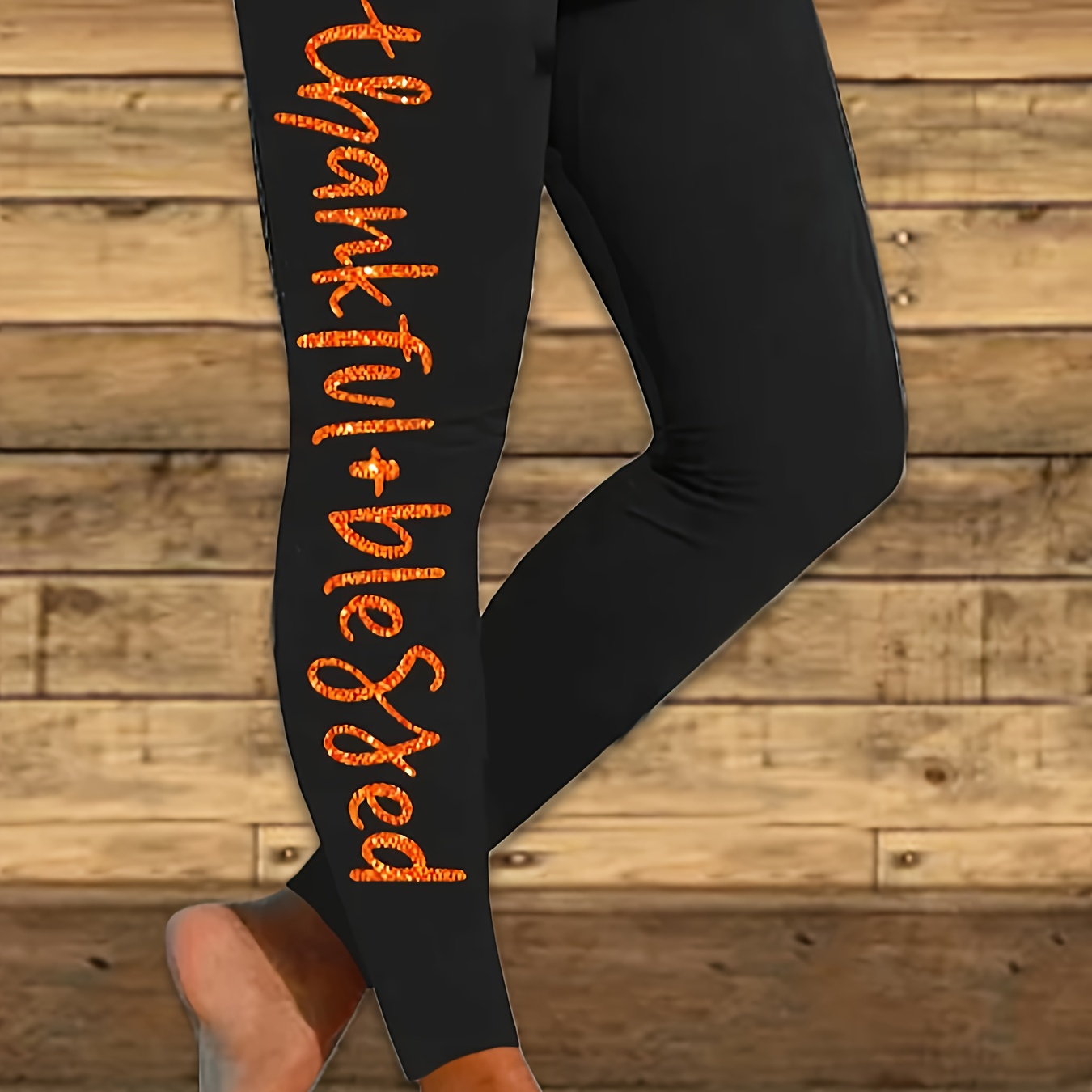 

Women's Stretchy Letter Print Leggings - Casual High-waist, Comfort