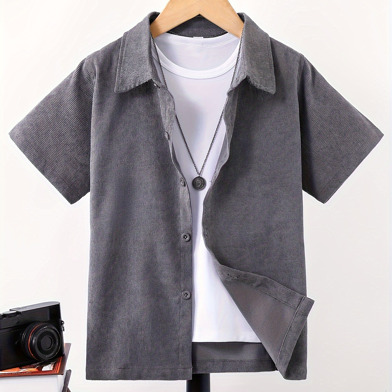 

Boy's Corduroy Shirt, Versatile Gray Top, Short Sleeve Trending Loose Summer Spring Short Coat, Ideal For Travel Holiday Casual Wear