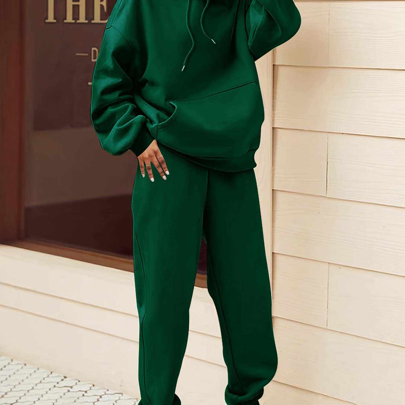 

Women's Casual Hooded Tracksuit Set - Polyester Knit Fabric, Solid Color Hoodie And Pants, 95% Polyester 5% Spandex, Fall/winter Season_cls