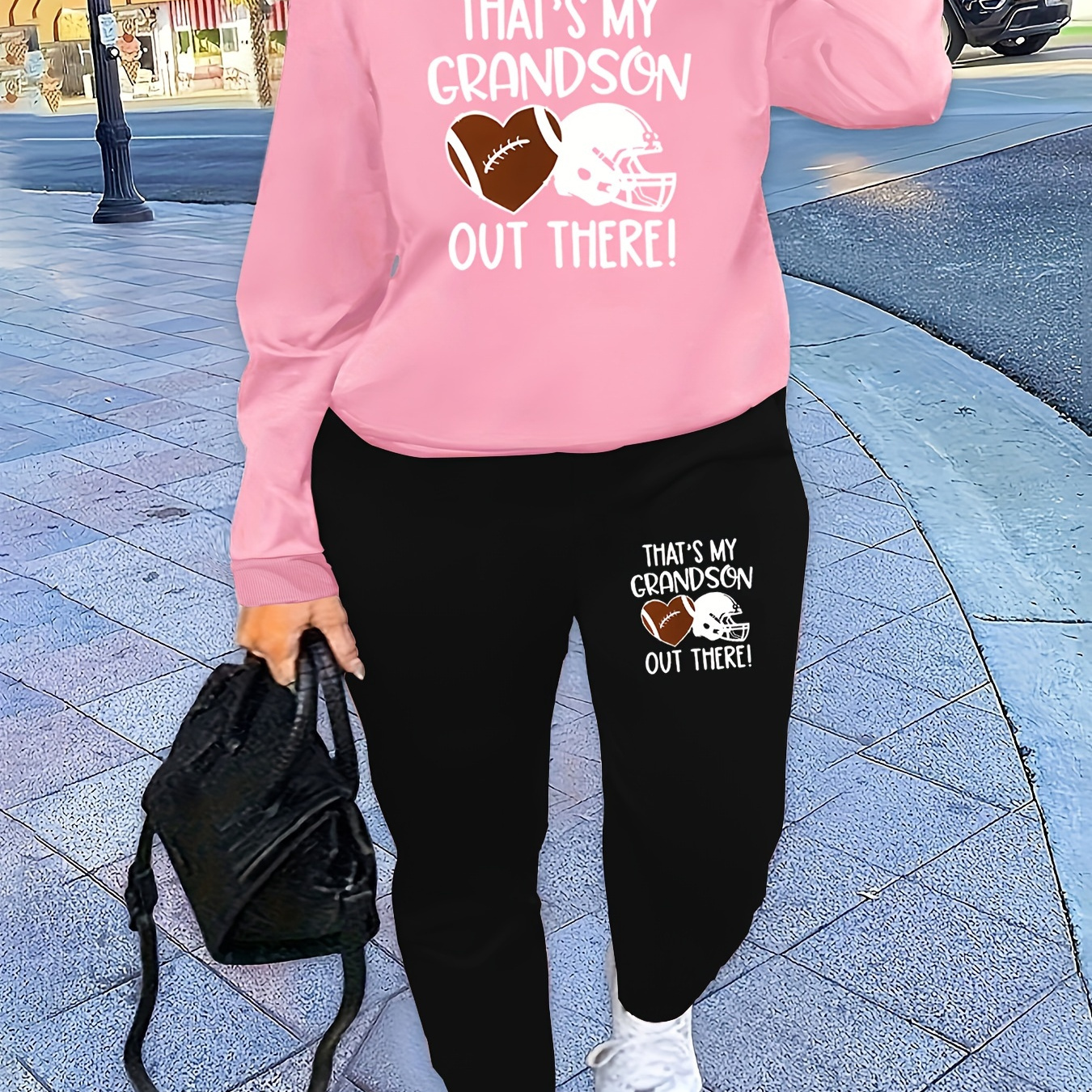 

Women's Plus Size 2-piece Set, Casual Round Neck Sweatshirt And Joggers, Fashionable Football Grandson Print, Polyester Knit, Stretchy Fabric, Lettering Detail, Autumn/