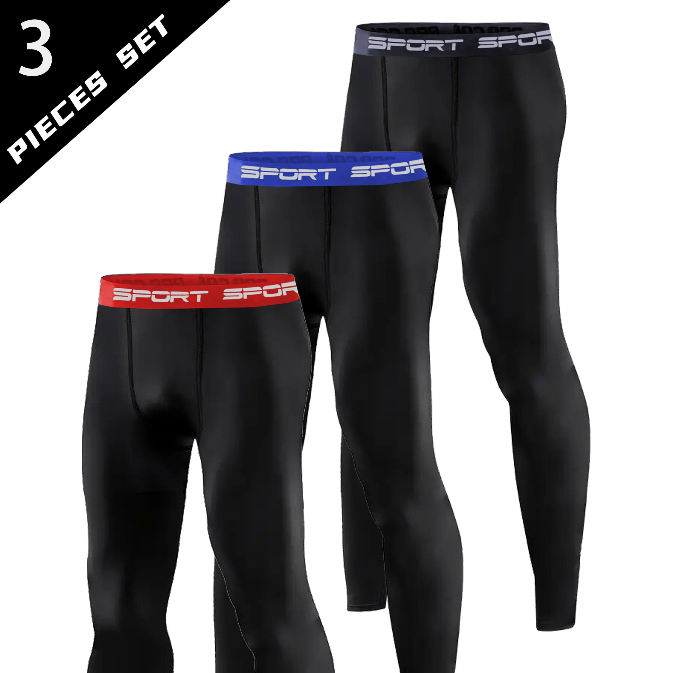 

3pcs Men's Quick-dry Leggings - Breathable & Stretchy With Sporty Waistband, Ideal For , Cycling & Running, Polyester , Wear