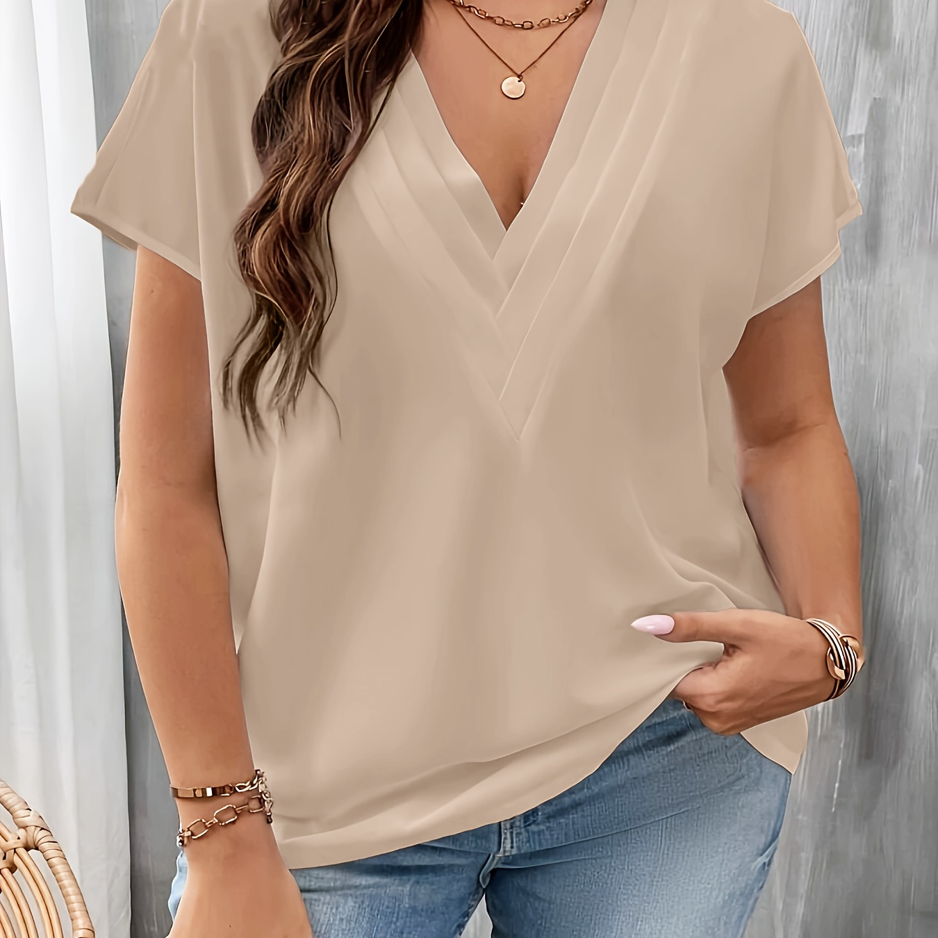 

Plus Size Solid V Neck Blouse, Elegant Short Sleeve Blouse For Spring & Summer, Women's Plus Size Clothing