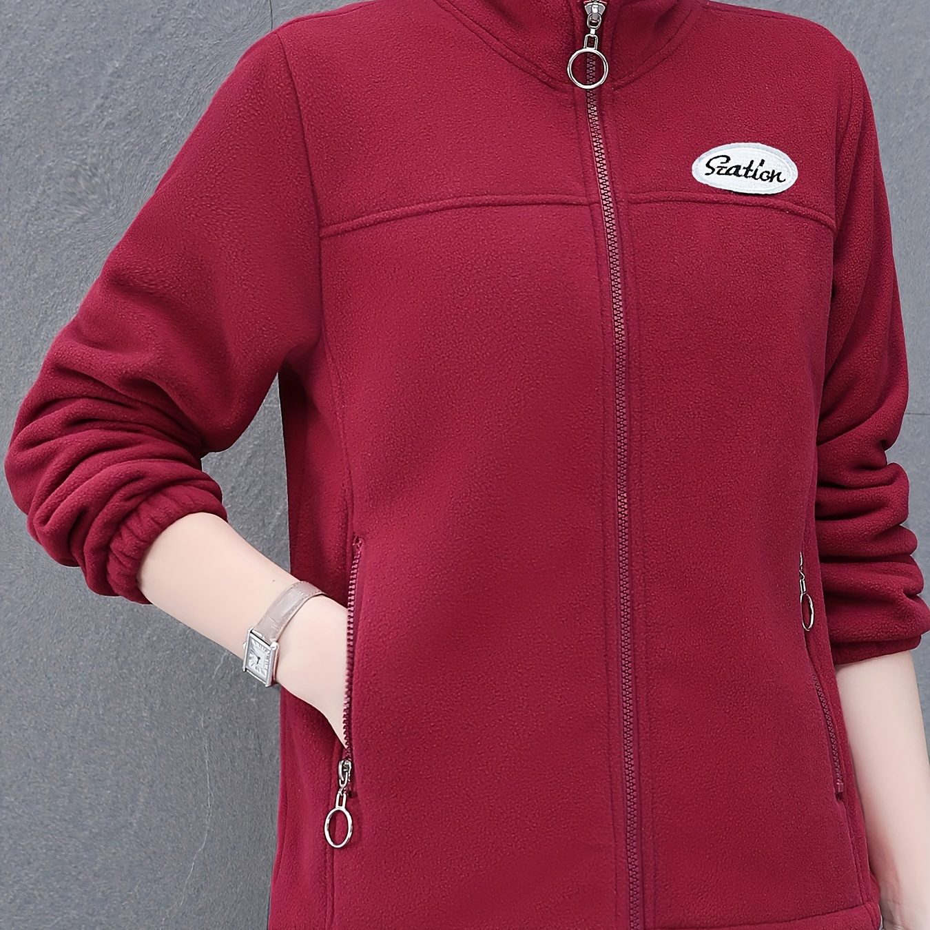 

Casual Plus Size Fleece Jackets For Women - 100% Polyester Stand Collar Full-zip Coats With Long Sleeves, Non-stretch Winter Outerwear With Alphabet Pattern