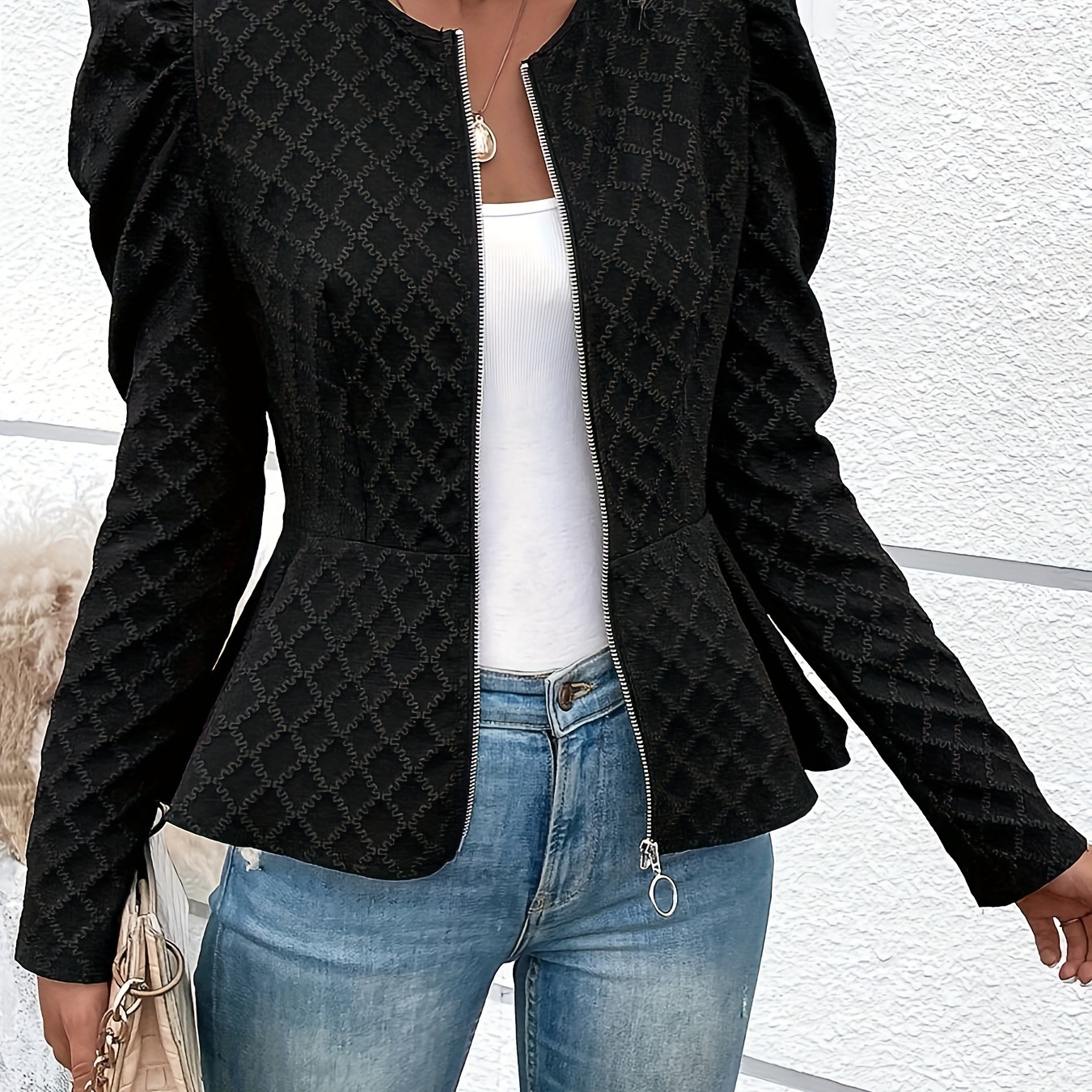 

Textured Zip Up Slim Jacket, Elegant Puff Sleeve Jacket For Spring & Fall, Women's Clothing