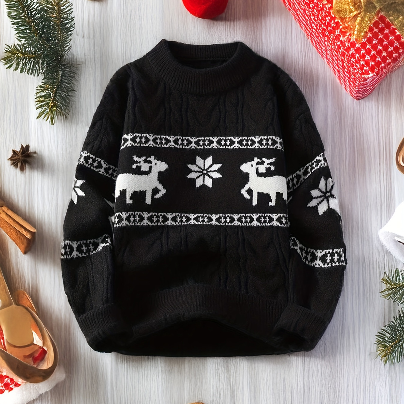 

Men's Casual Christmas Reindeer Sweater - Cozy Acrylic Knit, Round Neck Pullover For Fall/winter, Best For Christmas