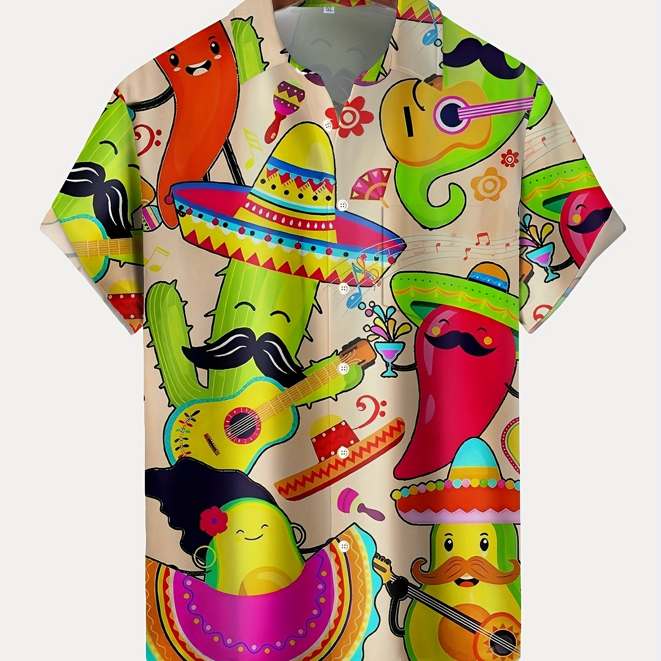 

Mexican Style Cartoon Cactus And Pepper Pattern Men's Aloha Short Sleeve Button Down Shirt For Summer Resort Vacation