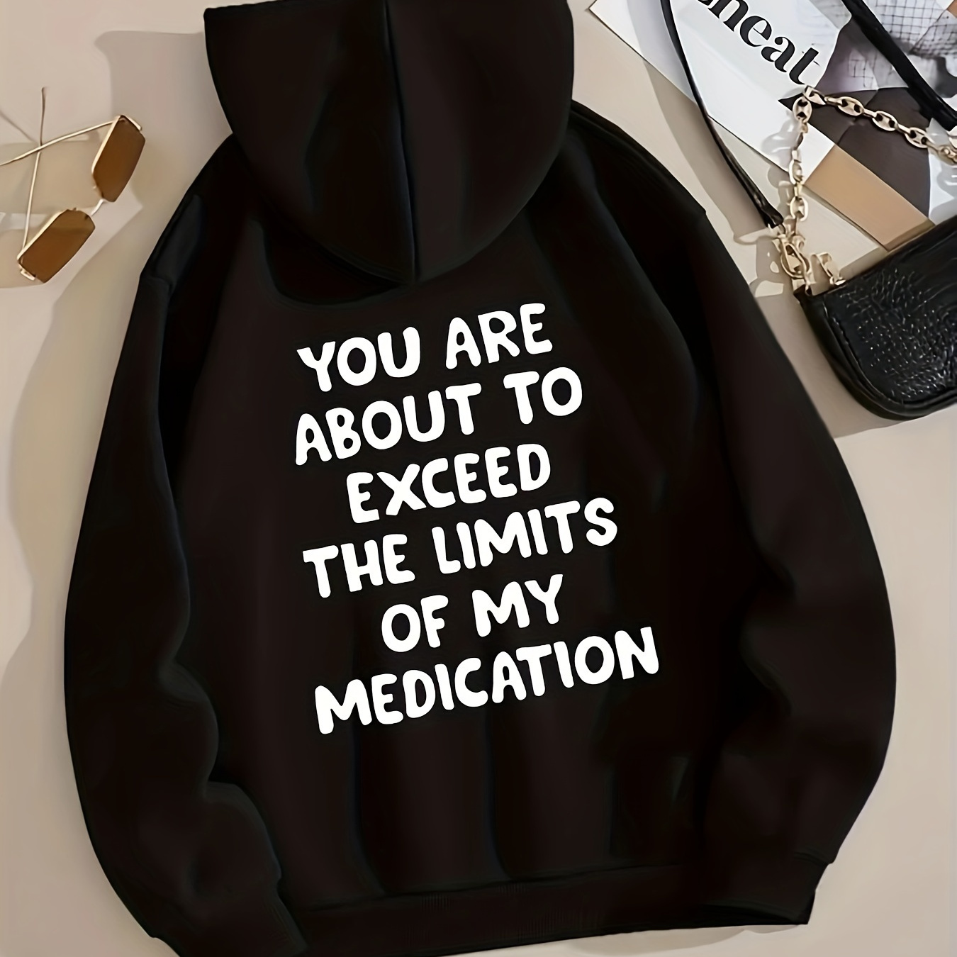 

Plus Size Casual Sweatshirt, Women's Plus Slogan Print Long Sleeve Drawstring Hooded Sweatshirt With Pockets