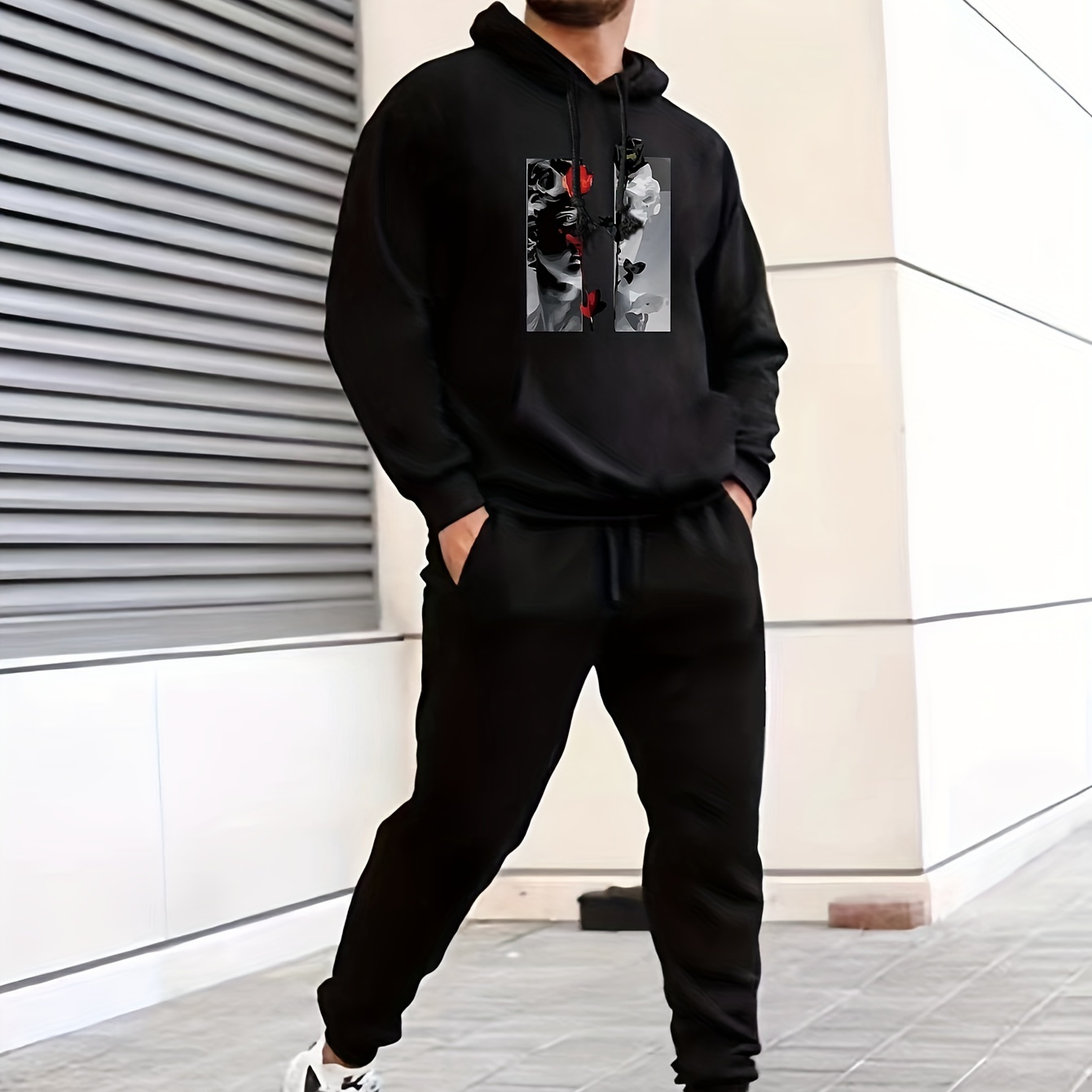 

Retro Statue Print, Men's 2pcs Outfits, Casual Hoodies Long Sleeve Pullover Hooded Sweatshirt And Sweatpants Joggers Set For Spring Fall, Men's Clothing