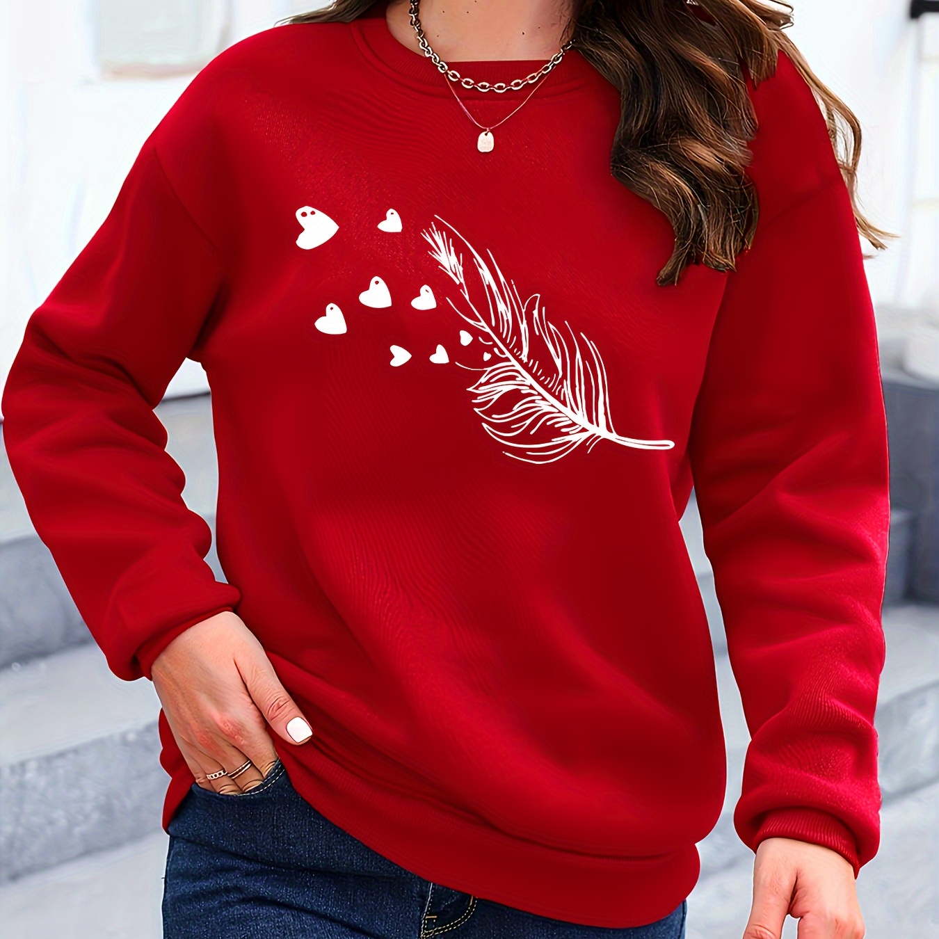 

Feather Print Pullover Sweatshirt, Casual Long Sleeve Crew Neck Sweatshirt For Fall & Spring, Women's Clothing