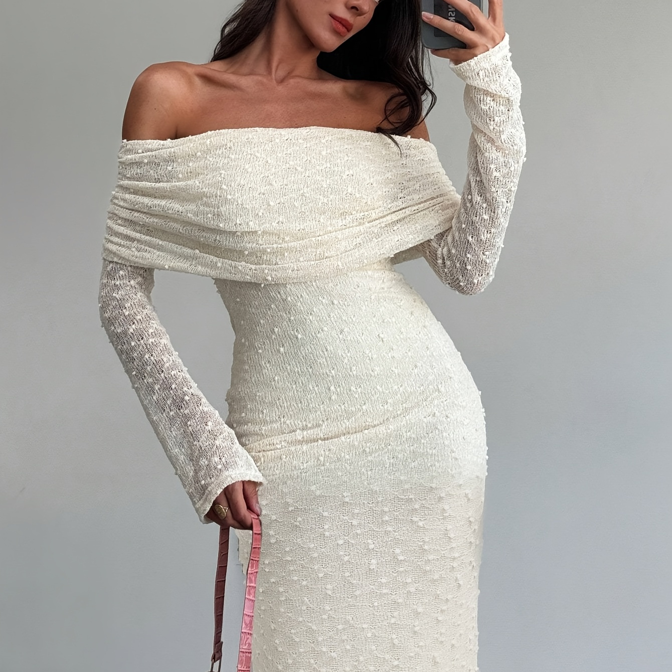 

Elegant Off-shoulder Lace Bodycon Dress, Stretchy Knit Fabric, 95% Polyester 5% Elastane, Party Prom Dress With 200g/m² Lining Weight, 140g/m² Fabric Weight