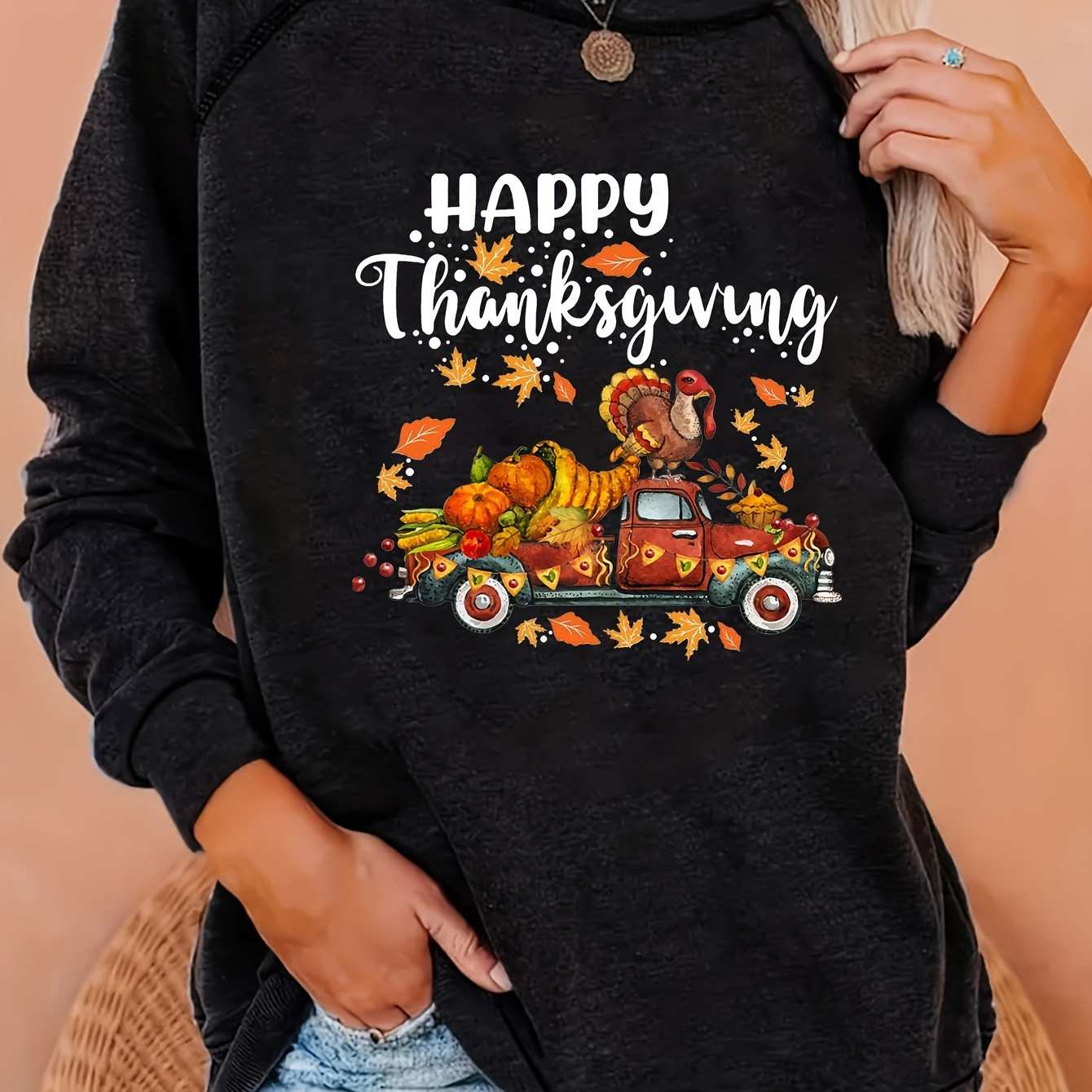 

Thanksgiving Turkey Print Pullover Sweatshirt, Casual Long Sleeve Crew Neck Sweatshirt For Fall & Winter, Women's Clothing