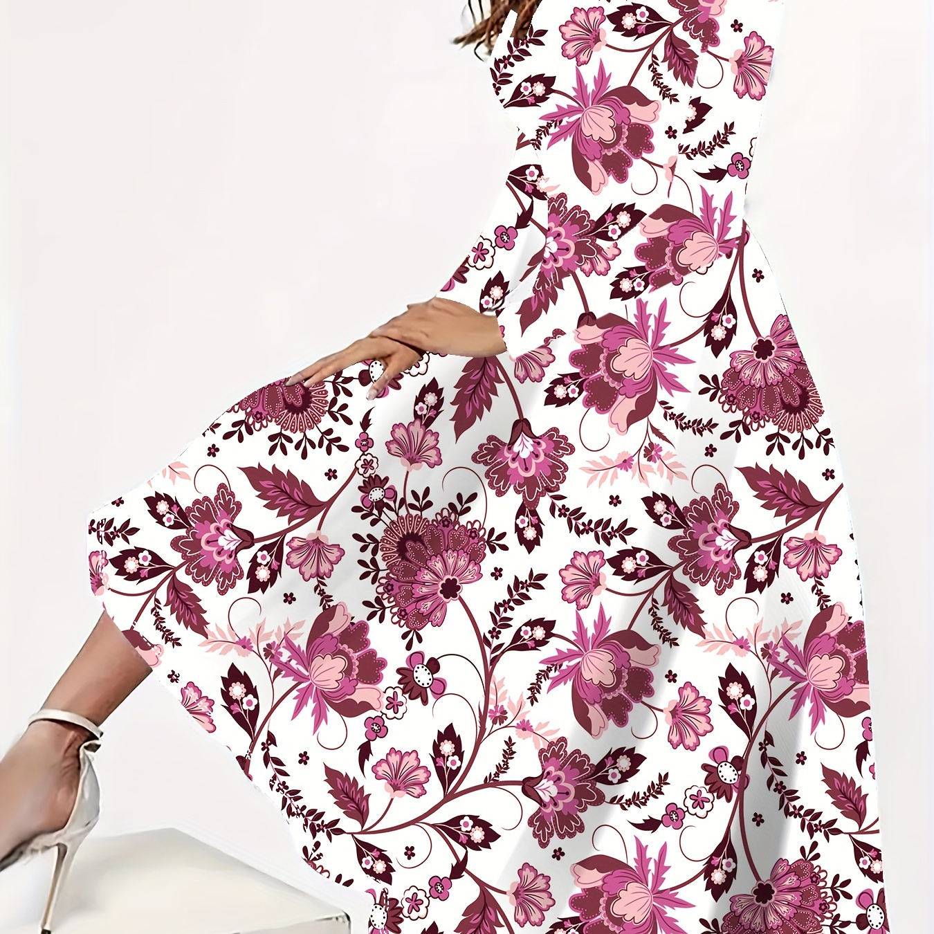 

Plus Size Floral Print Dress, Elegant Long Sleeve Crew Neck Dress For Spring, Women's Plus Size clothing