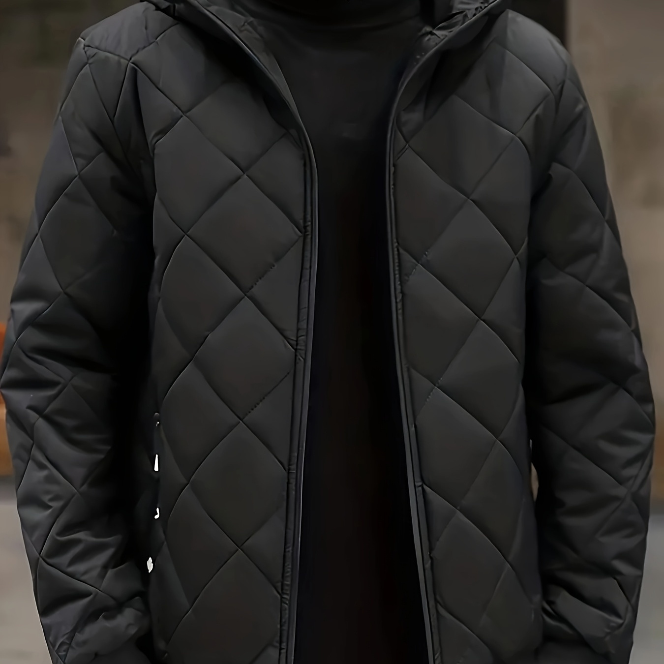 

Men's Casual Quilted Hooded Jacket, 100% Polyester Solid Color Coat With Zipper, Non-stretch Fabric, Long Sleeve, Regular Fit, Outdoor Wear