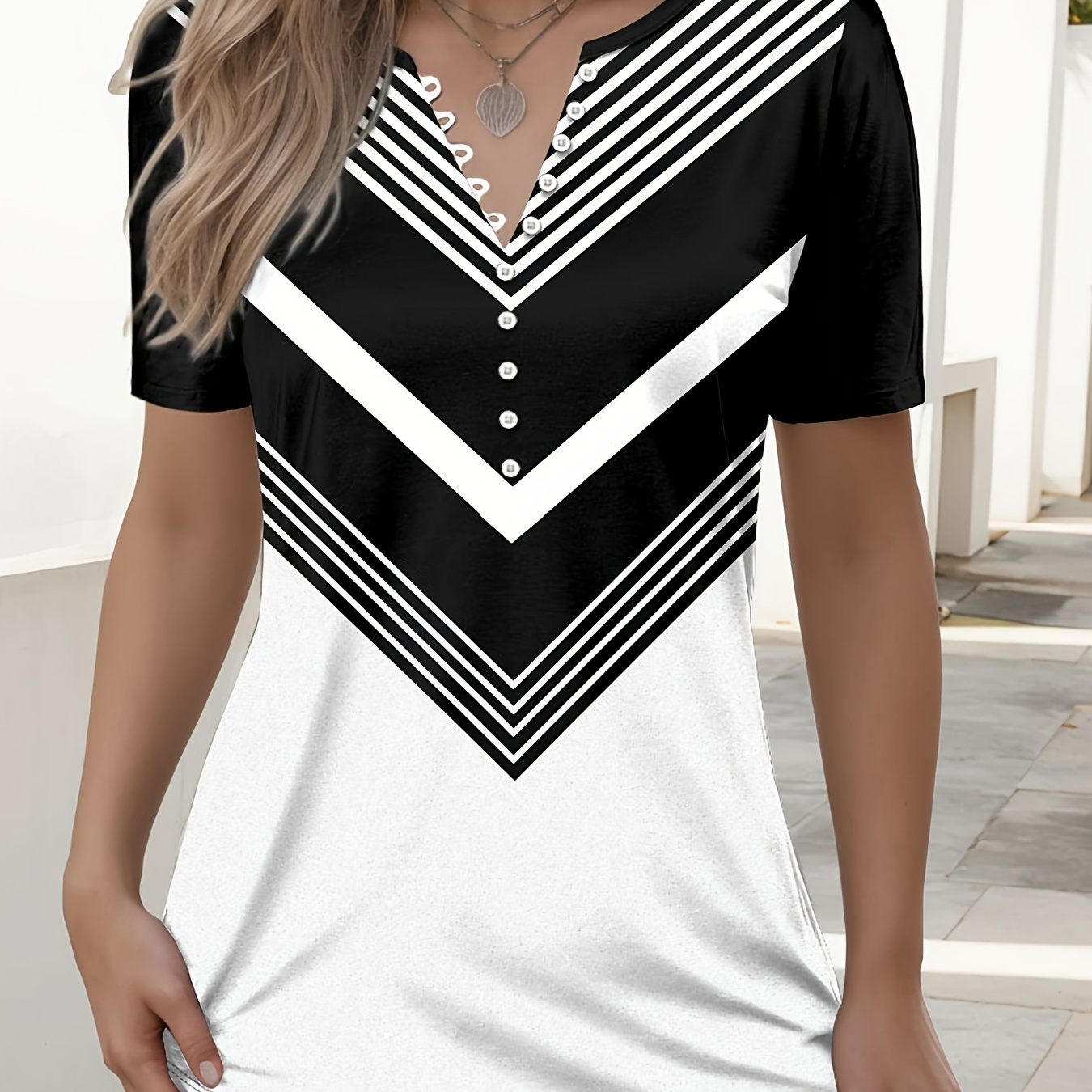 

Striped Color Block T-shirt, Elegant Button Front V Neck Short Sleeve T-shirt, Women's Clothing