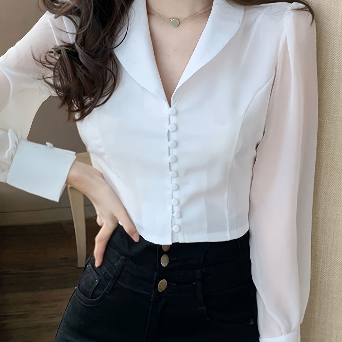 TEMU Solid Tie Back Button Front Blouse, Elegant Long Sleeve V-neck Blouse For Spring & Fall, Women's Clothing