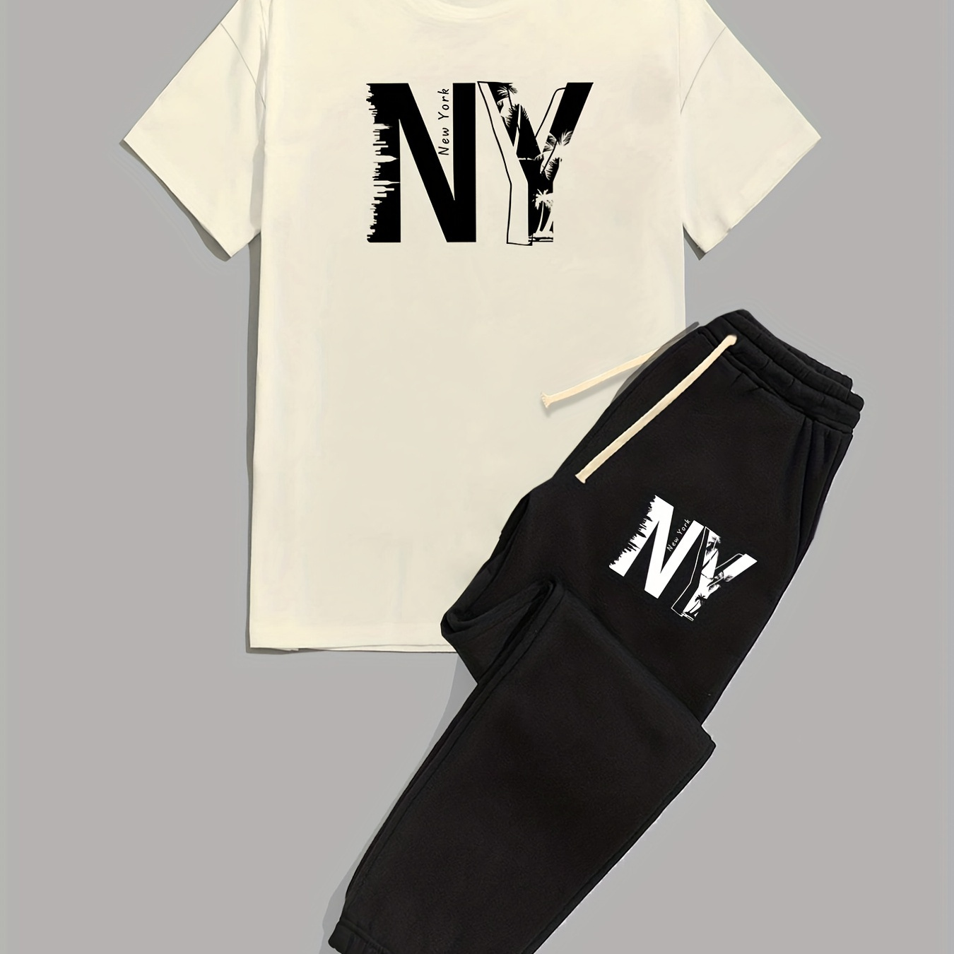 

''ny'' Print Men's 2pcs, Casual T-shirt And Loose Drawstring Jogger Pants