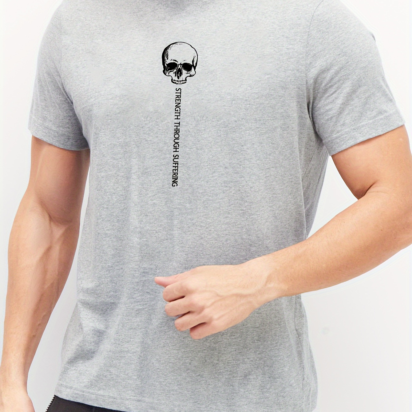 

Skull Pattern And Strength Through Suffering Letter Print T-shirt, Stylish And Breathable Street , Simple Comfy Cotton Top, Casual Crew Neck Short Sleeve T-shirt For Summer
