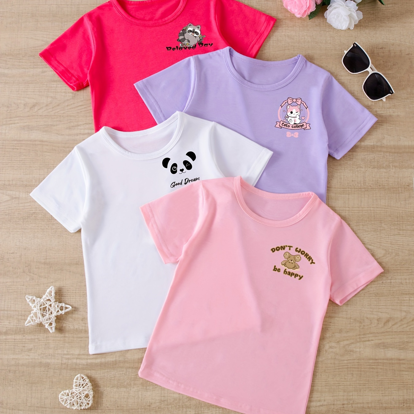 

4pcs Girls Cartoon Raccoon & Cat & Panda & Bear Print Crew Neck Short Sleeve T-shirt Set Comfy Soft Tees For Summer Gift Party