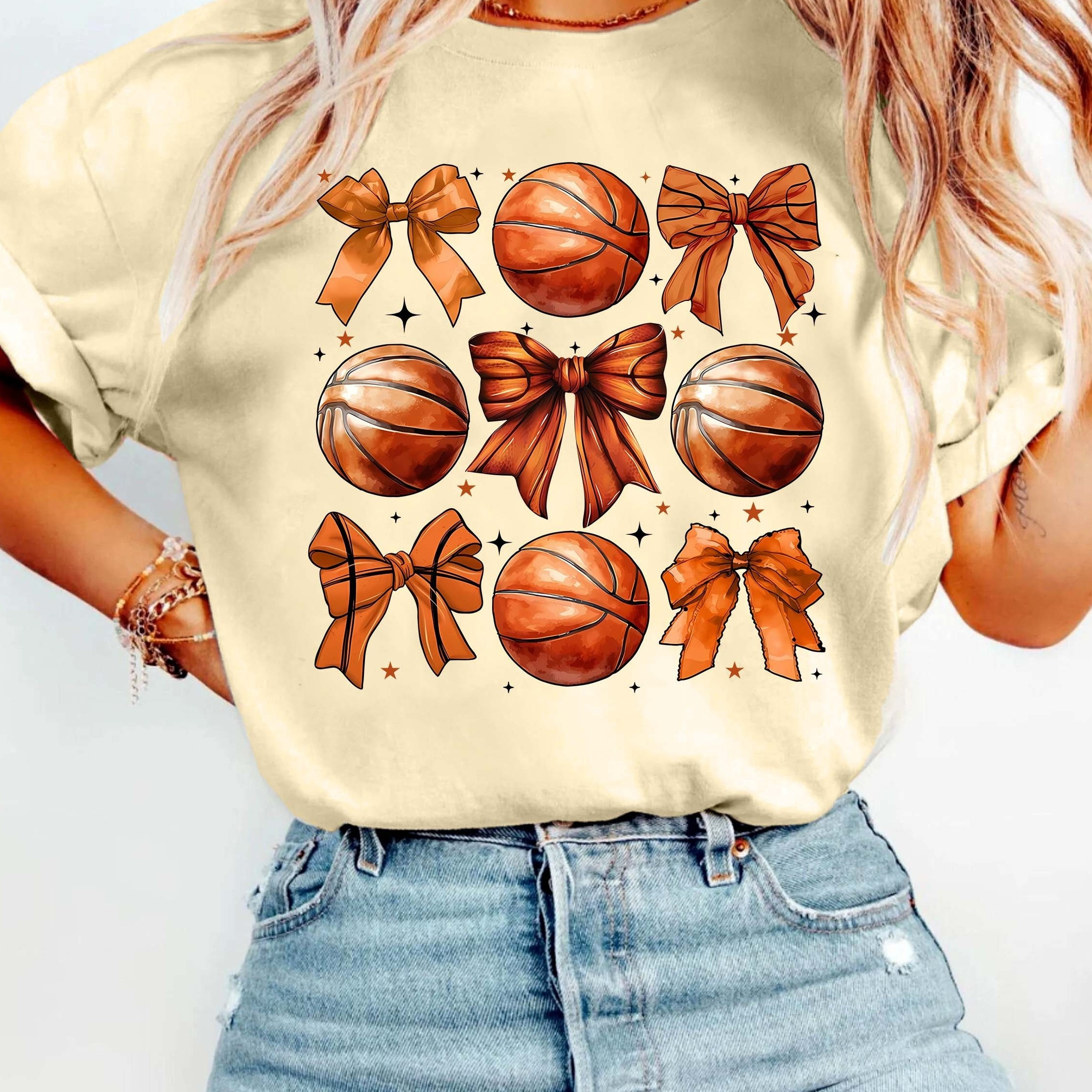 

Women's Casual Polyester T-shirt With Basketball Bow Print, Short Sleeve Crew Neck, Cartoon Pattern, Knit Fabric, Regular Length, - 95% Polyester 5% Elastane