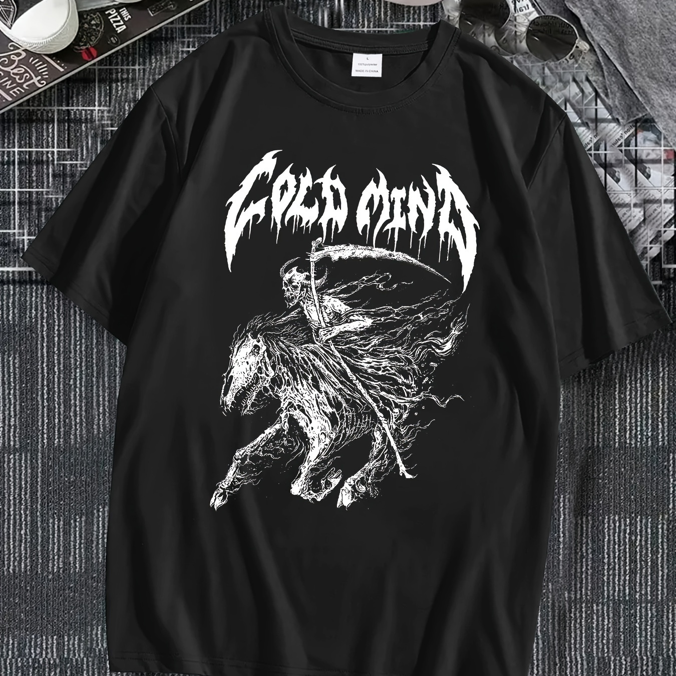 

Skull Riding Horse Pattern Print Crew Neck Short Sleeve T-shirt For Men, Casual Summer T-shirt For Daily Wear And Vacation Resorts