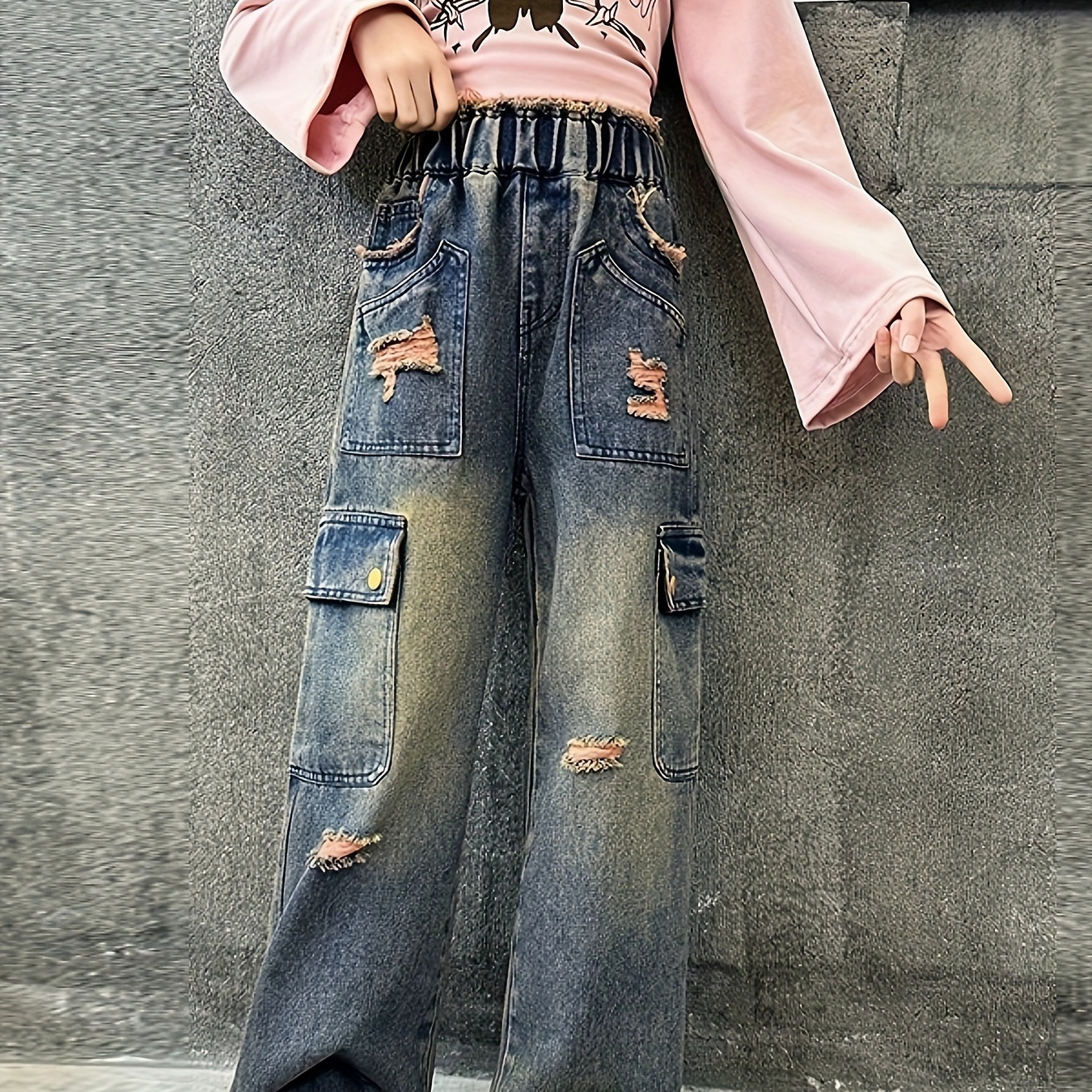 

Vintage Patched Wide-leg Jeans For Girls, Thin & Loose High Waist Trousers For Spring/fall