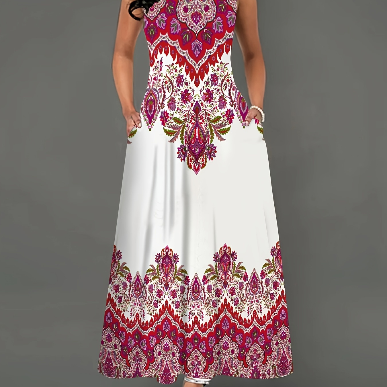 

Ethnic Floral Print Crew Neck Tank Dress, Elegant Sleeveless Maxi Dress For Spring & Summer, Women's Clothing