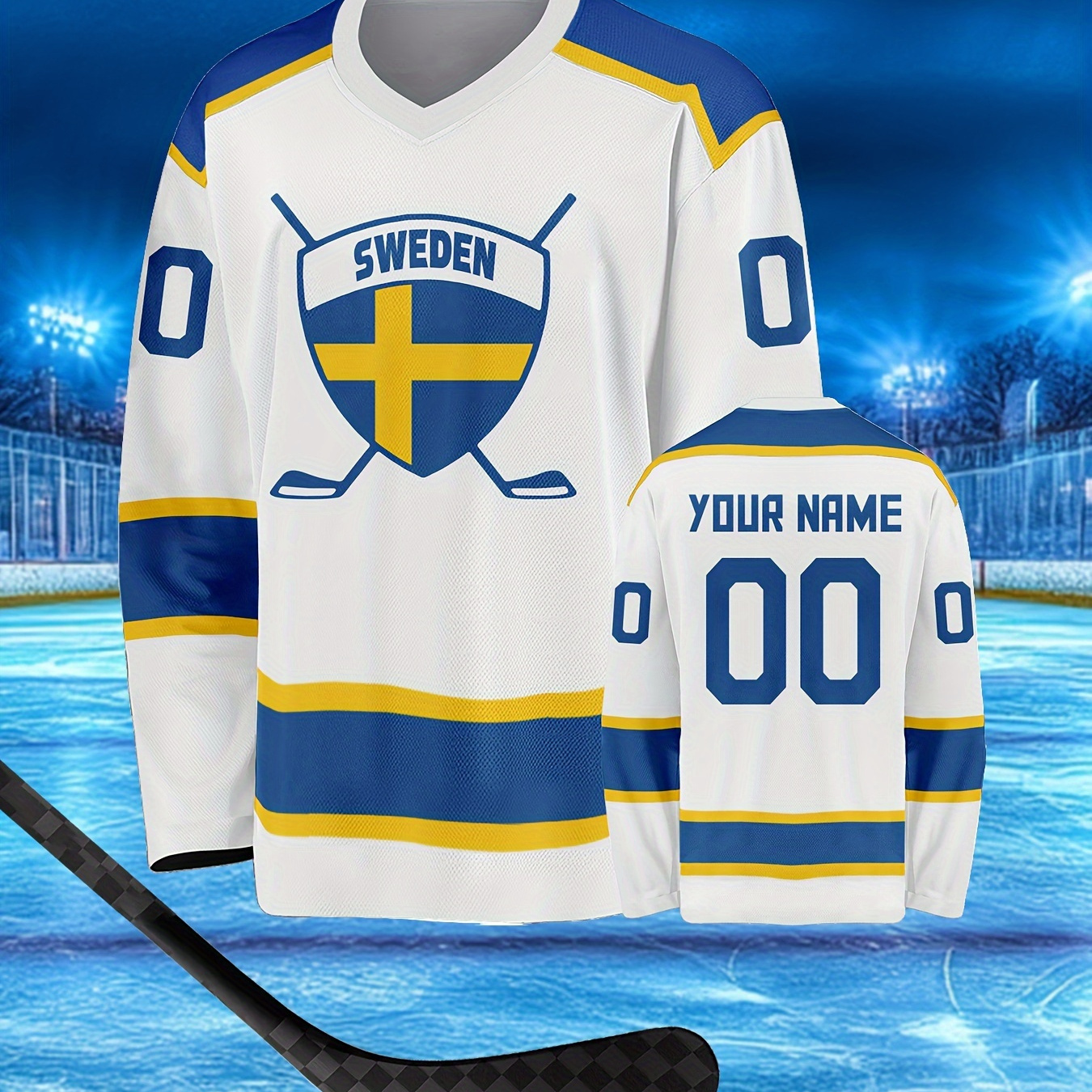 

Customizable Men's Sweden Hockey Jersey, 100% Polyester Breathable V-neck Long Sleeve Sports Jersey, Loose Fit, With Personalized Name And Number, For Training, Games, And Gifts For Hockey Fans