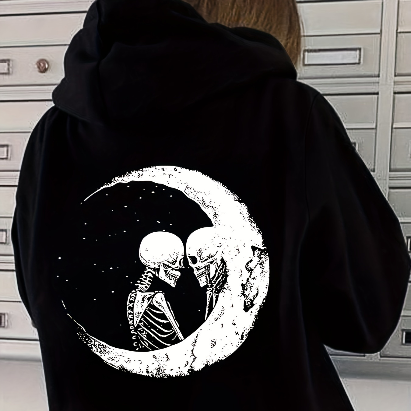 

Women's Plus Size Hoodie, Geometric Skeleton Moon Print, Casual Pullover With Pockets, Polyester Knit, Stretchy Fabric, Fall/ Top