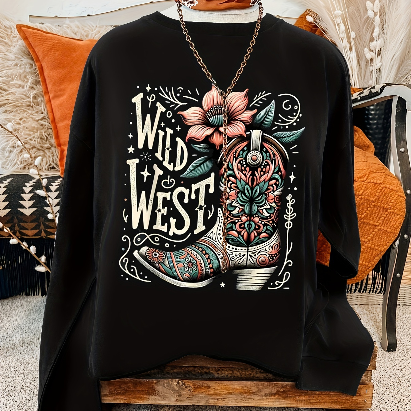 

Boot & Floral Sweatshirt, Crew Neck Casual Sweatshirt For Fall & Spring, Women's Clothing