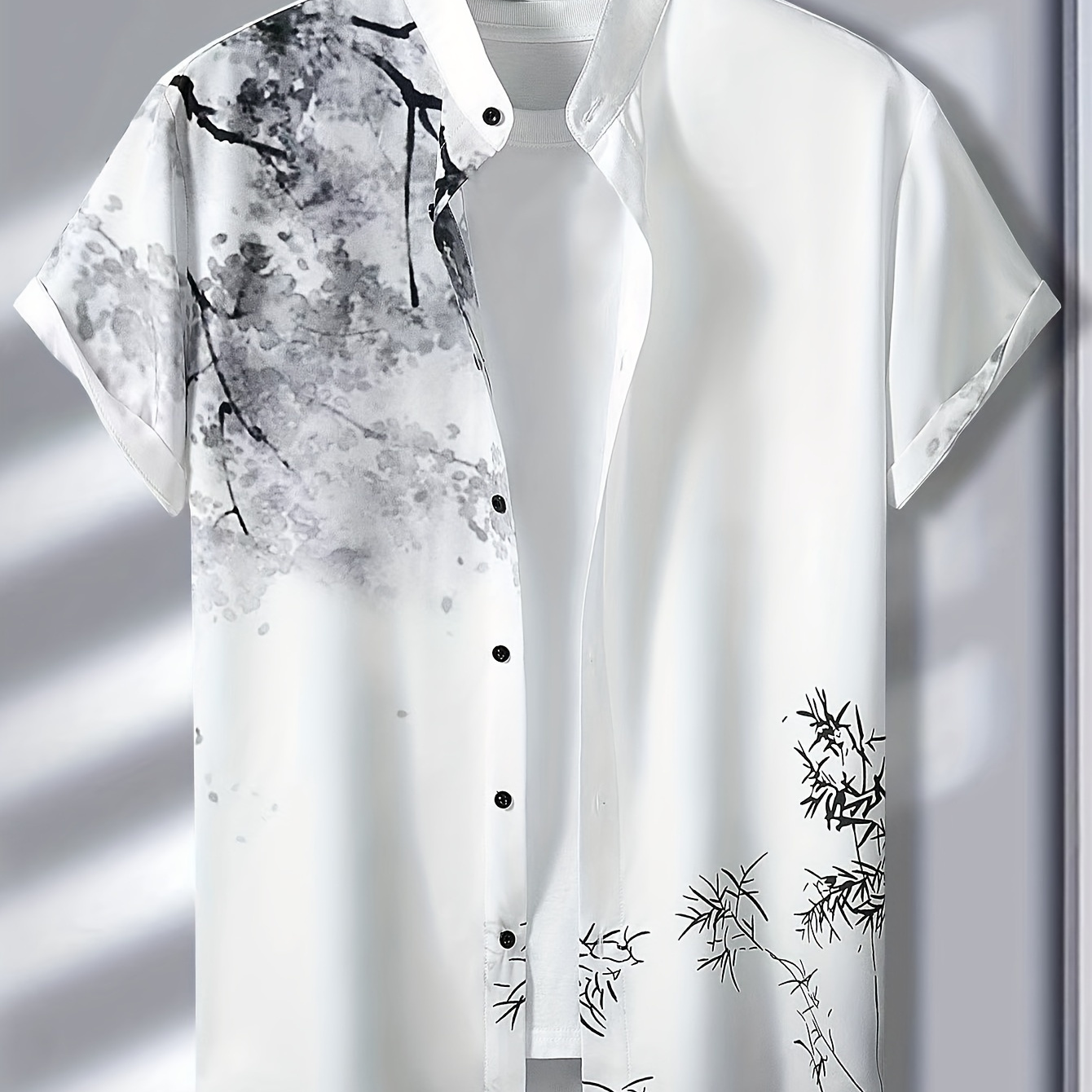 

Chinese Style Ink Painting Print Men's Short Sleeve Lapel Shirt Top, Male Casual Button Up Shirt For Daily And Vacation Resorts Beach