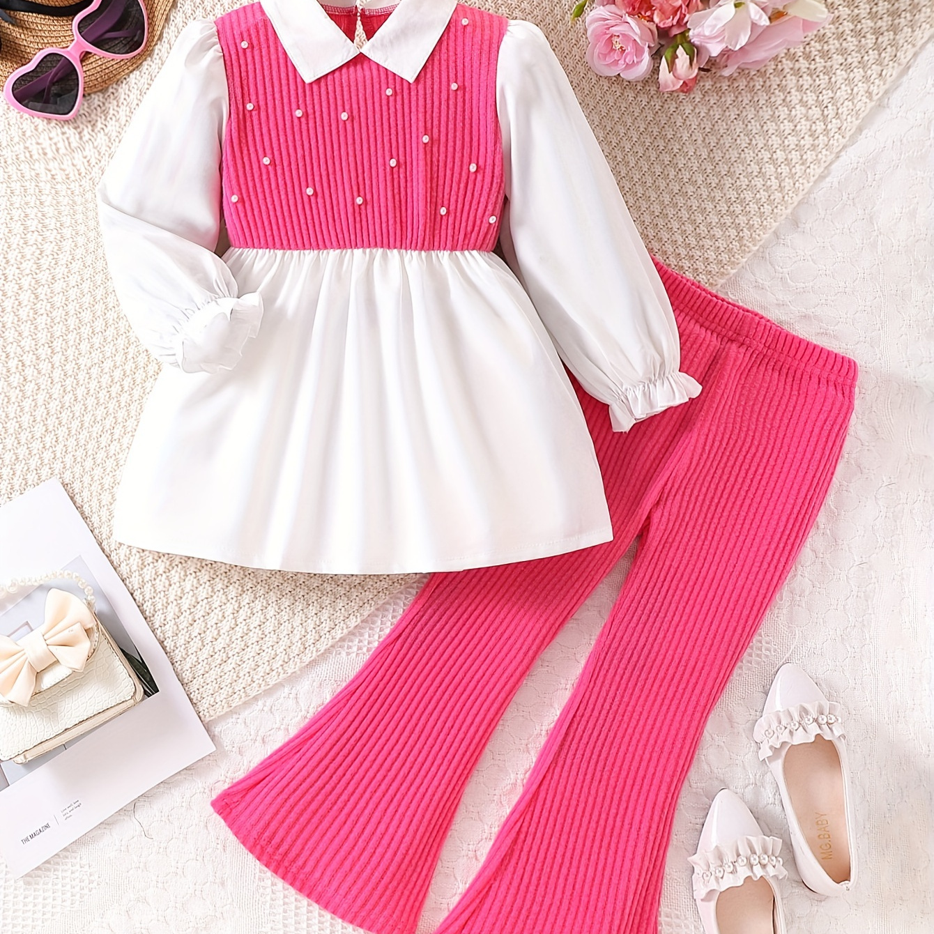 

1 Set Girl's Sweet Splicing Long- Top + Pants - & Fall Outfit, As