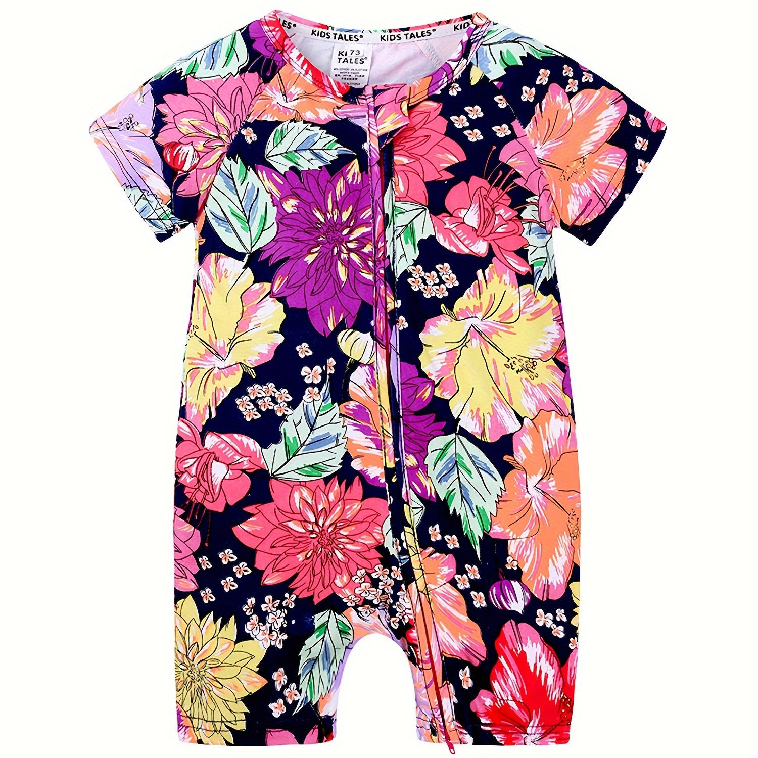 

Baby Short Sleeve Double Zipper Romper Infant Flower Printed Playsuit Toddler Cotton Playsuit 2-way Zip Up Bodysuit