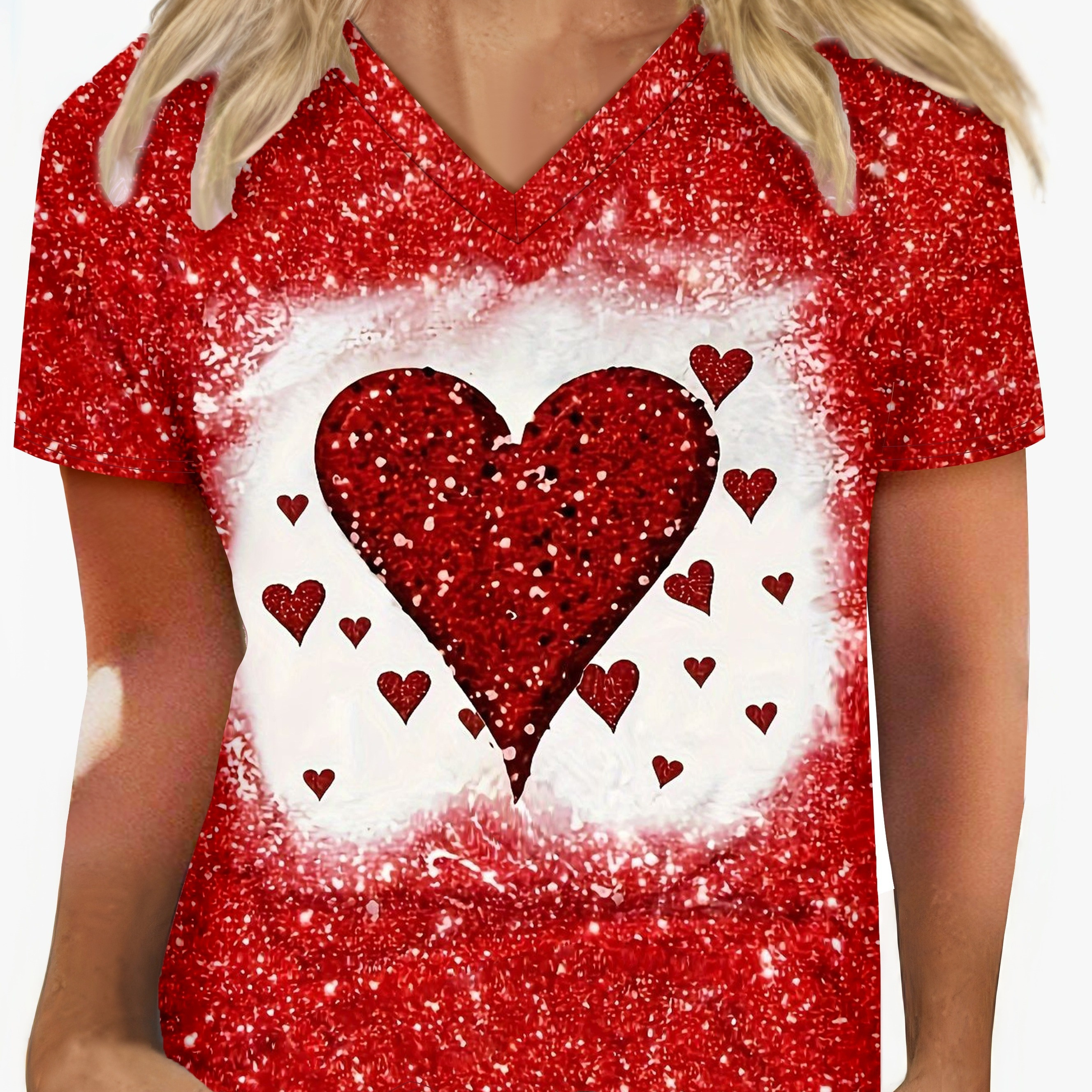 

Women's Valentine's Day Sparkling Heart Print T-shirt - V-neck, Stretchy Polyester , Machine Washable