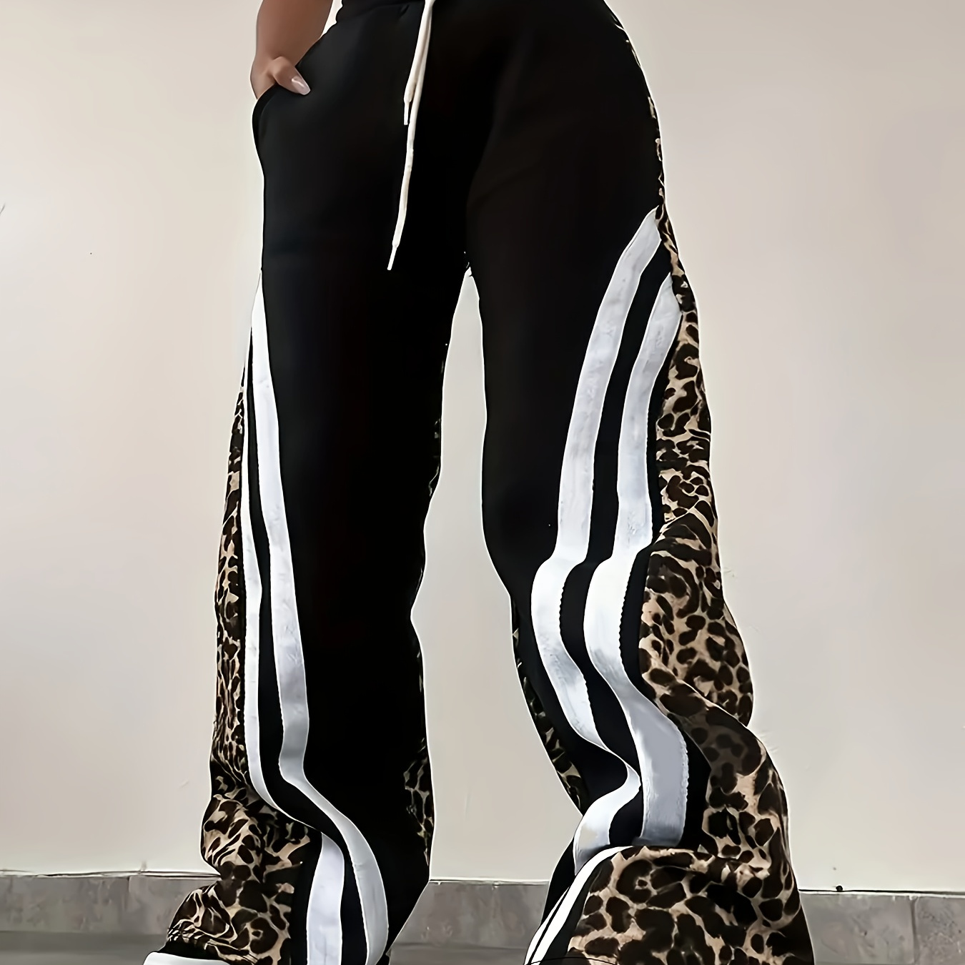 

[1pc Plus Size Leopard Print Joggers] Plus Size Leopard Print Side Casual Joggers, Polyester Knit Fabric With Slight Stretch, Pants With Pockets