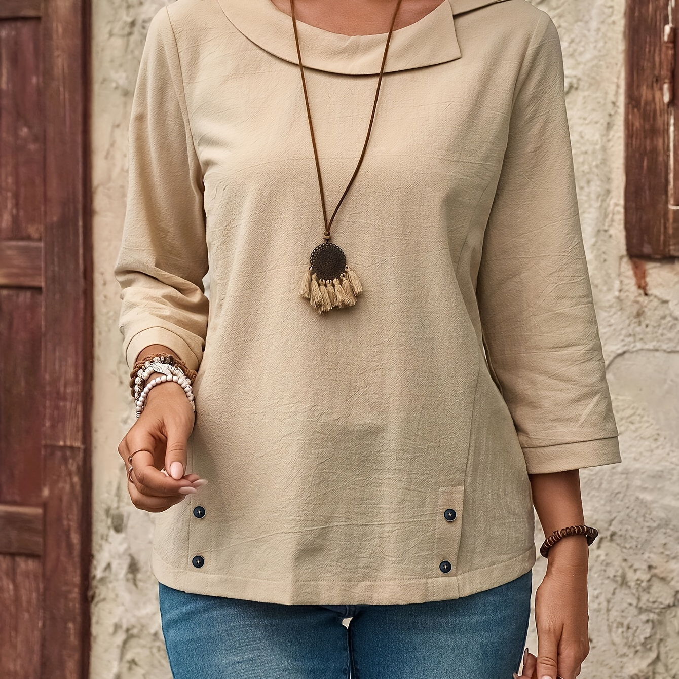 

Autumn And Winter Women' Solid Color Long Sleeve Linen Casual Shirt With Decorative Buttons